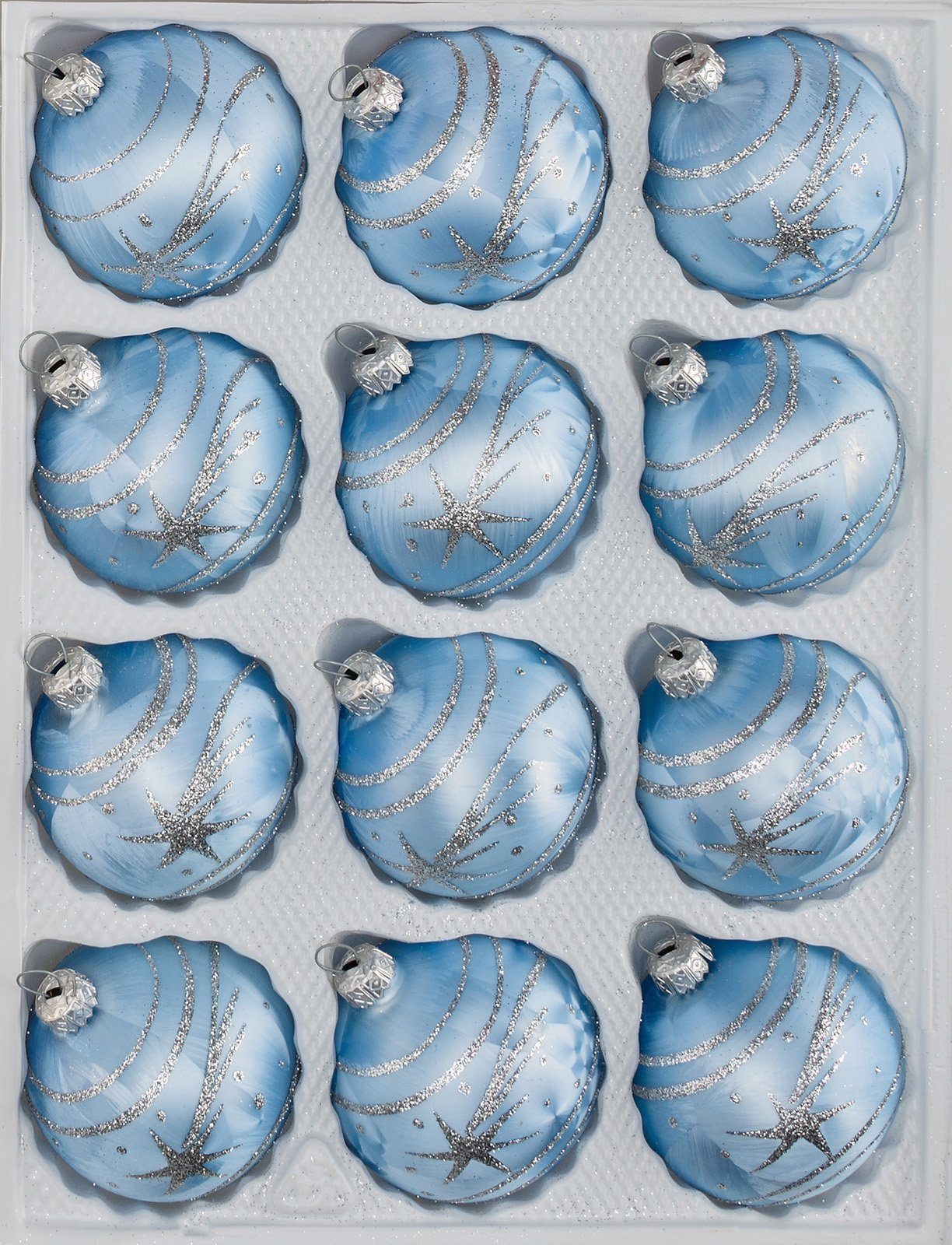 Set Weihnachtsbaumkugel Glas-Weihnachtskugeln in Blau tlg. Silber 12 Komet Navidacio Ice