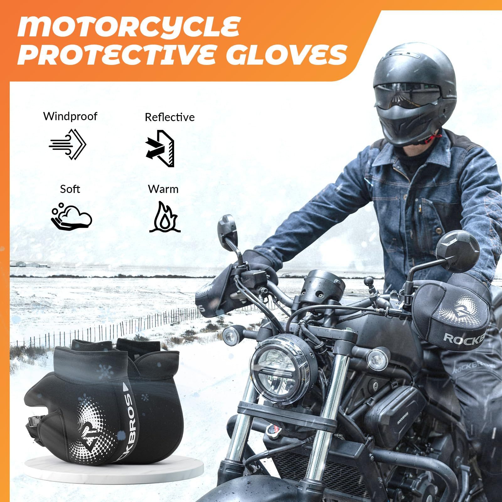 ROCKBROS Motorradhandschuhe Winter Lenker Wärmer Lenkerhandschuhe für Motorrad Warme Winddichte Einfache Montage und Demontage