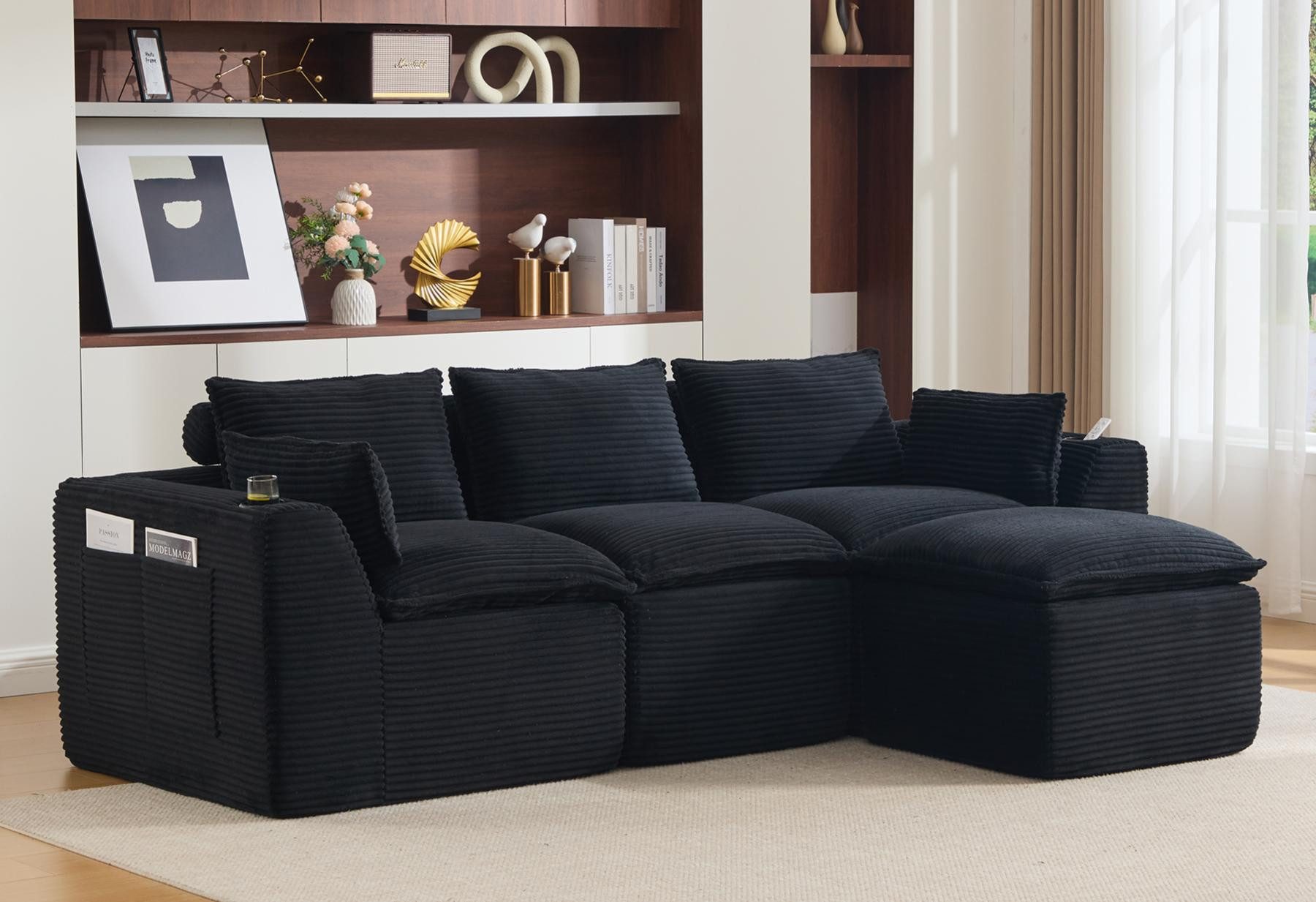 LVHOM Loungesofa Modulares Schlafsofa, Cord/Chenille, Getränkehaltern & Seitentaschen, 3-/4-Sitzer mit Hocker,große Kissen, kleine Kissen 9 Teile, Wohn-/Gästezimmer als Chaiselongue, Gästebett, Liegebereich, Spielbereich