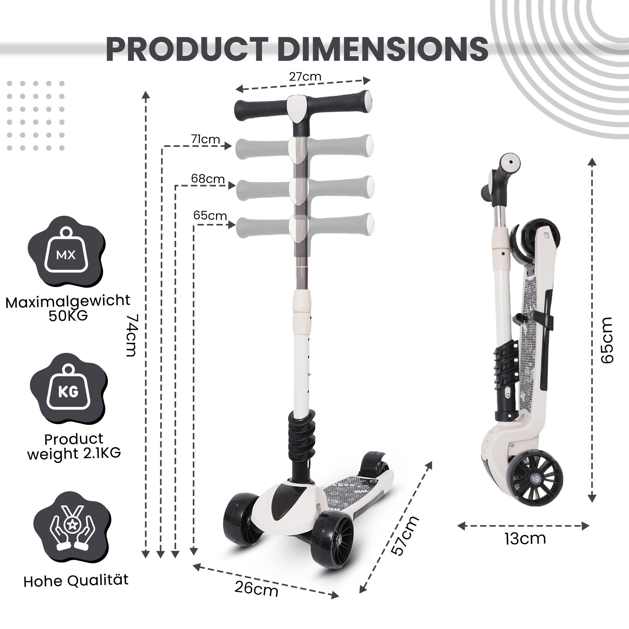 Habib Gruppe Sitzscooter 3-Rad Kinderroller mit LED Rädern & Sitz, Faltbar Höhenverstellbar