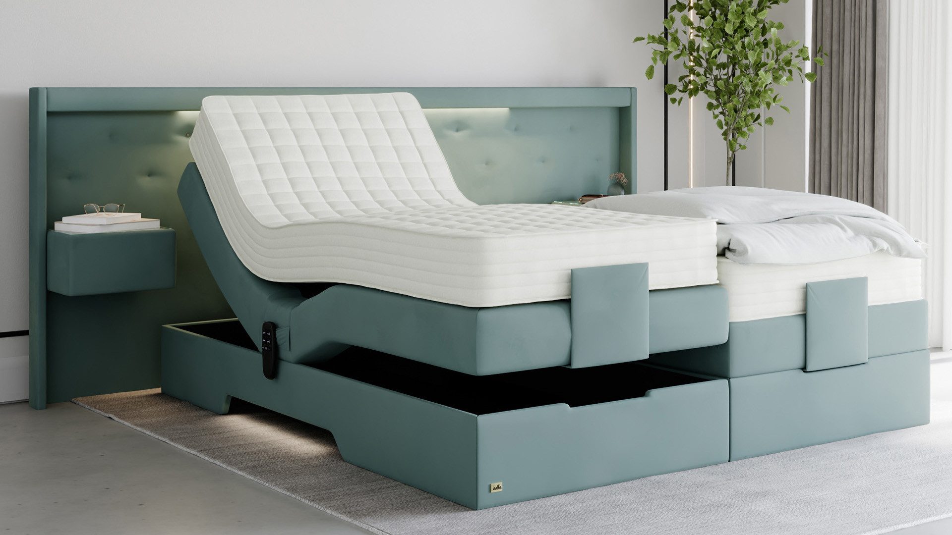 PAARA Boxspringbett mit Nachttisch elektrisch verstellbar LED Modell Paris, mit einzigartigem Belüftungssystem