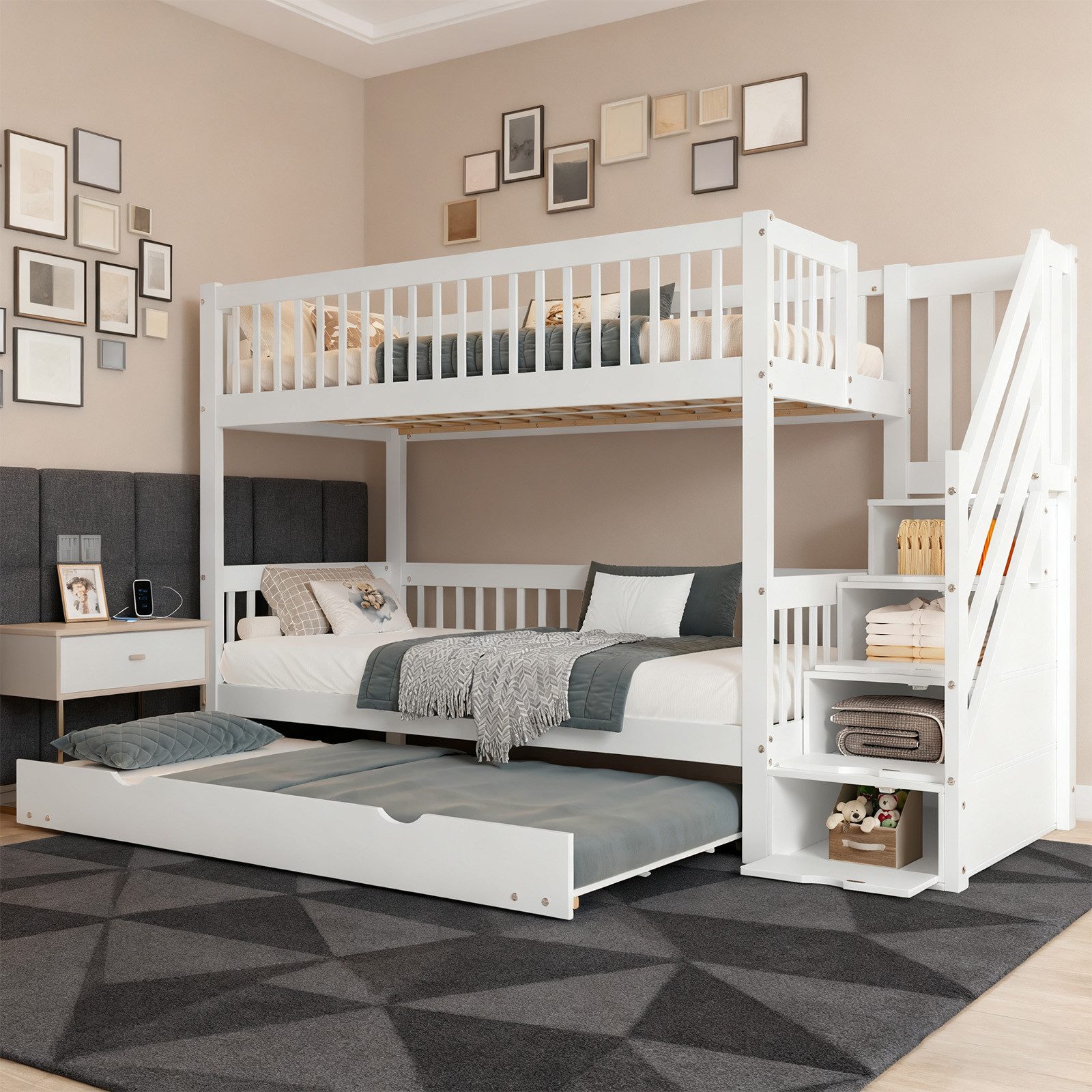 MODFU Etagenbett mit Rollbett & Leiterschrank (Kinderbett mit zusätzlichem Stauraum, Stauraumbett 90x200/190 cm), ohne Matratze