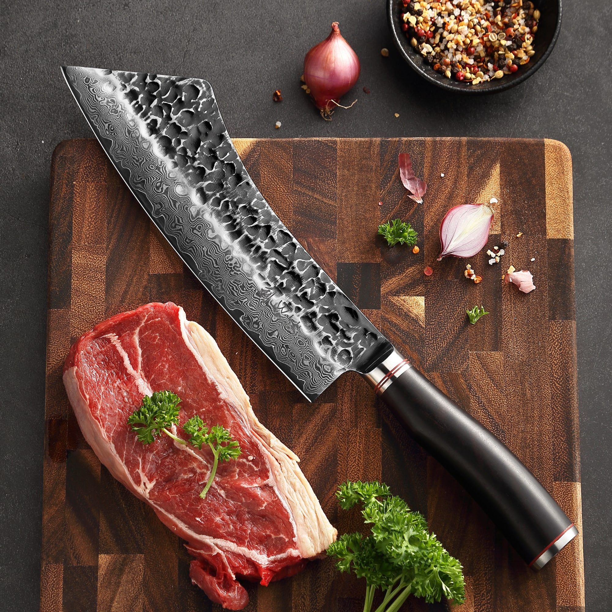 Wakoli Fleischmesser EBO Damast Hakata Bocho Kochmesser Küchenmesser 22,5 cm Klinge, aus 67 Lagen Damaststahl, VG10 Kern