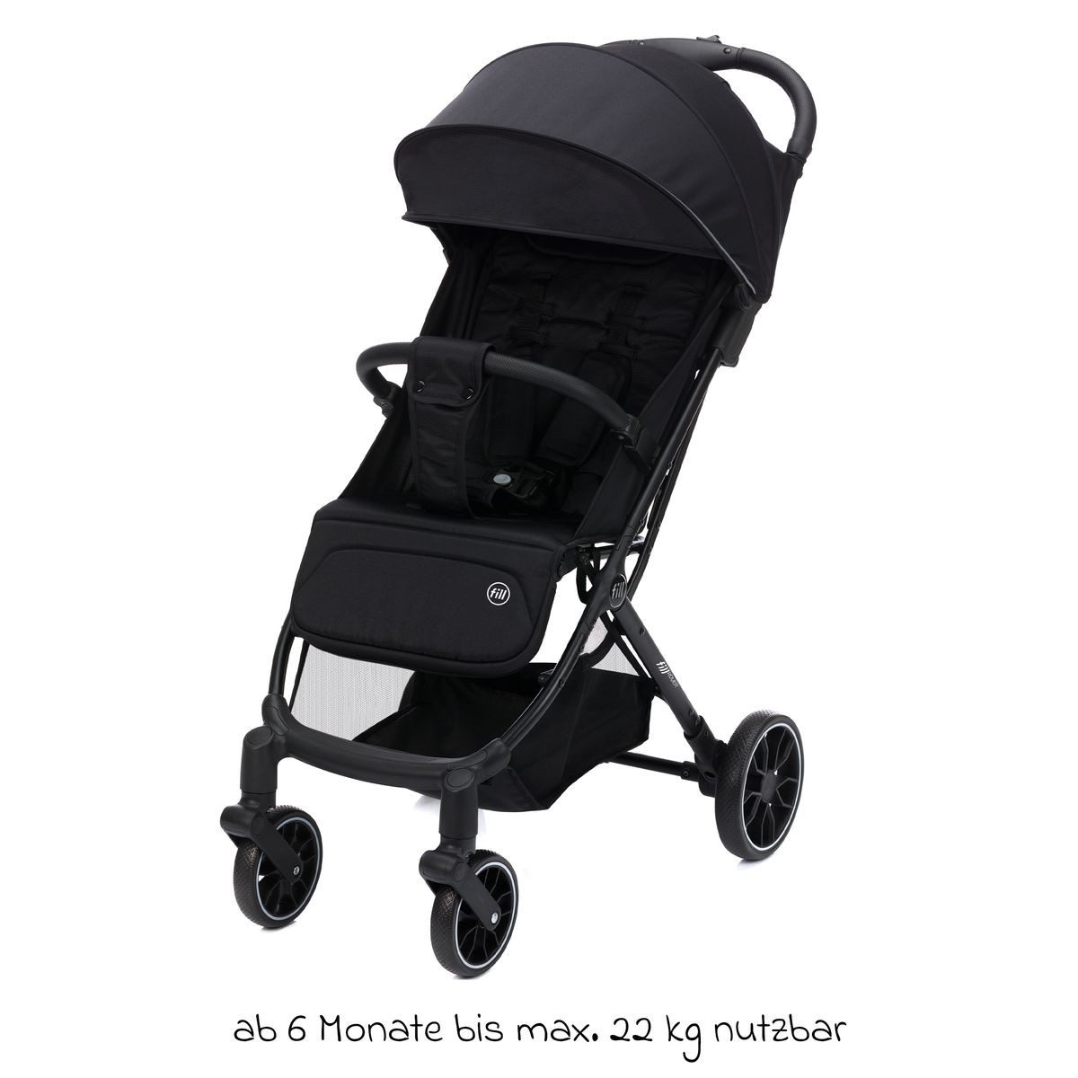 Fillikid Kinder-Buggy Fill Rover - Schwarz, Sportwagen mit Liegefunktion, Trollyfunktion & Zubehör bis 22 kg
