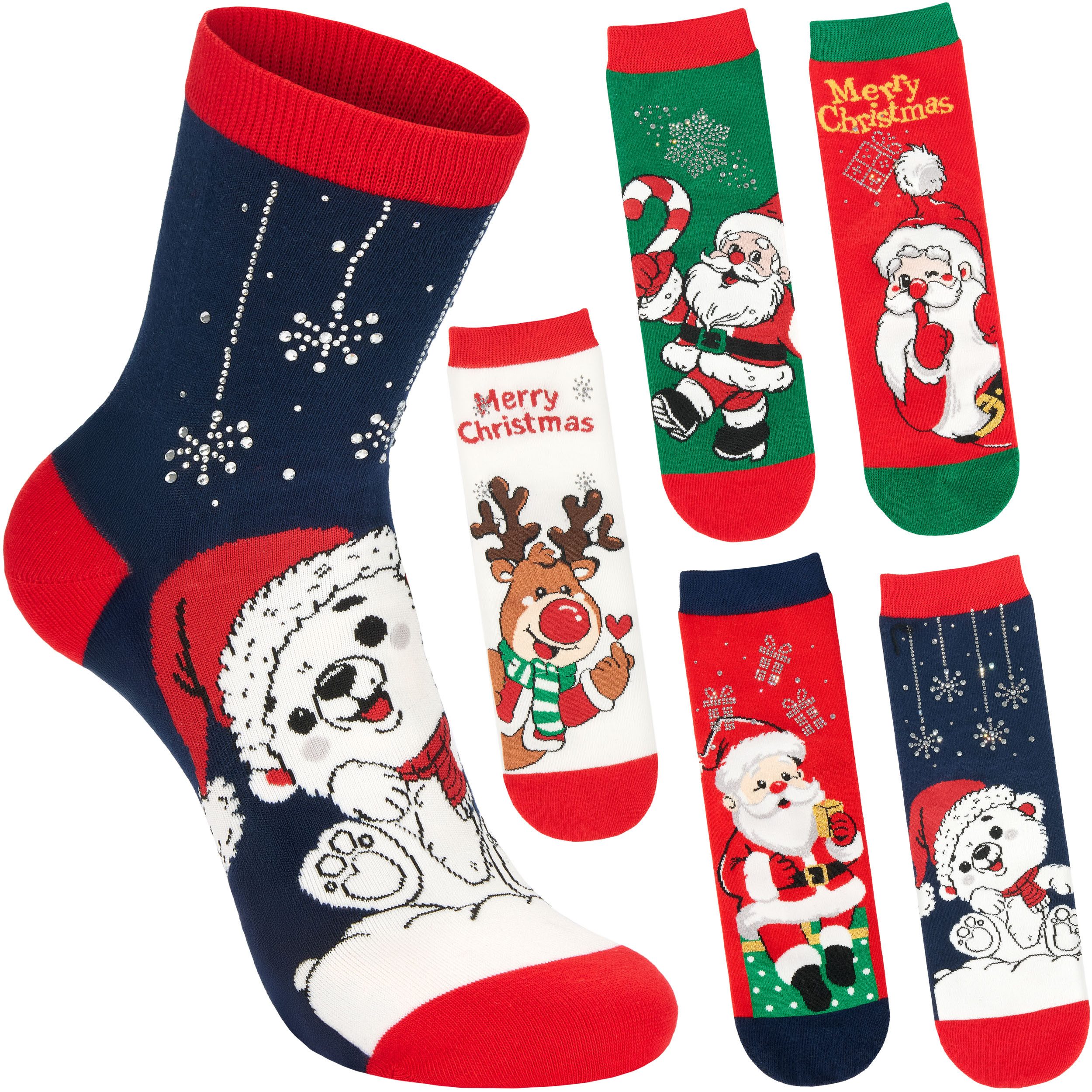 BRUBAKER Socken Damen Weihnachtssocken - Weihnachtsmann, Rentier & Eisbär (Bunte Baumwollsocken für Frauen - Geschenkset, 5-Paar, Kuschelsocken mit humorvollen Sockenmotiven) Lustige Damensocken für Weihnachten & Nikolaus