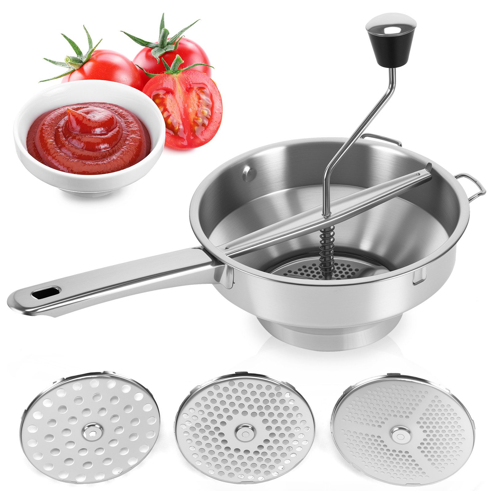 BlingBin Passiersieb Edelstahl Passiergerät mit 3 Siebeinlagen, Manuelle Passiermühle, Edelstahl, (1er Set, 1-St., Abmessungen: 35 × 20 × 9 cm), Lebensmittelmühle Marmeladenpresse Knoblauchpresse für Obst Kartoffel