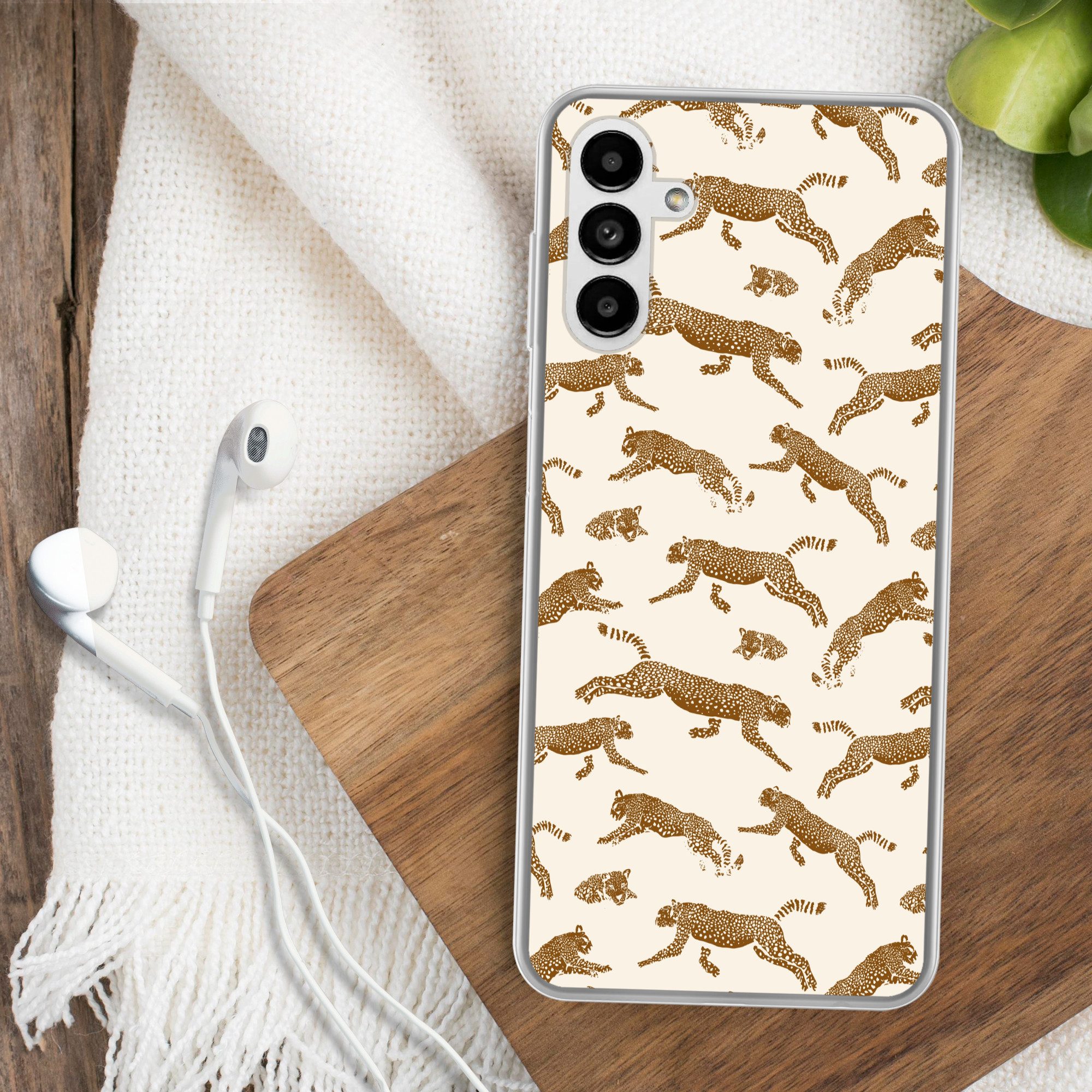 MuchoWow Handyhülle für Samsung Galaxy A04s Panther - Tiere - Beige - Braun - Muster, Handy Case, Silikon, Bumper Case Dünn