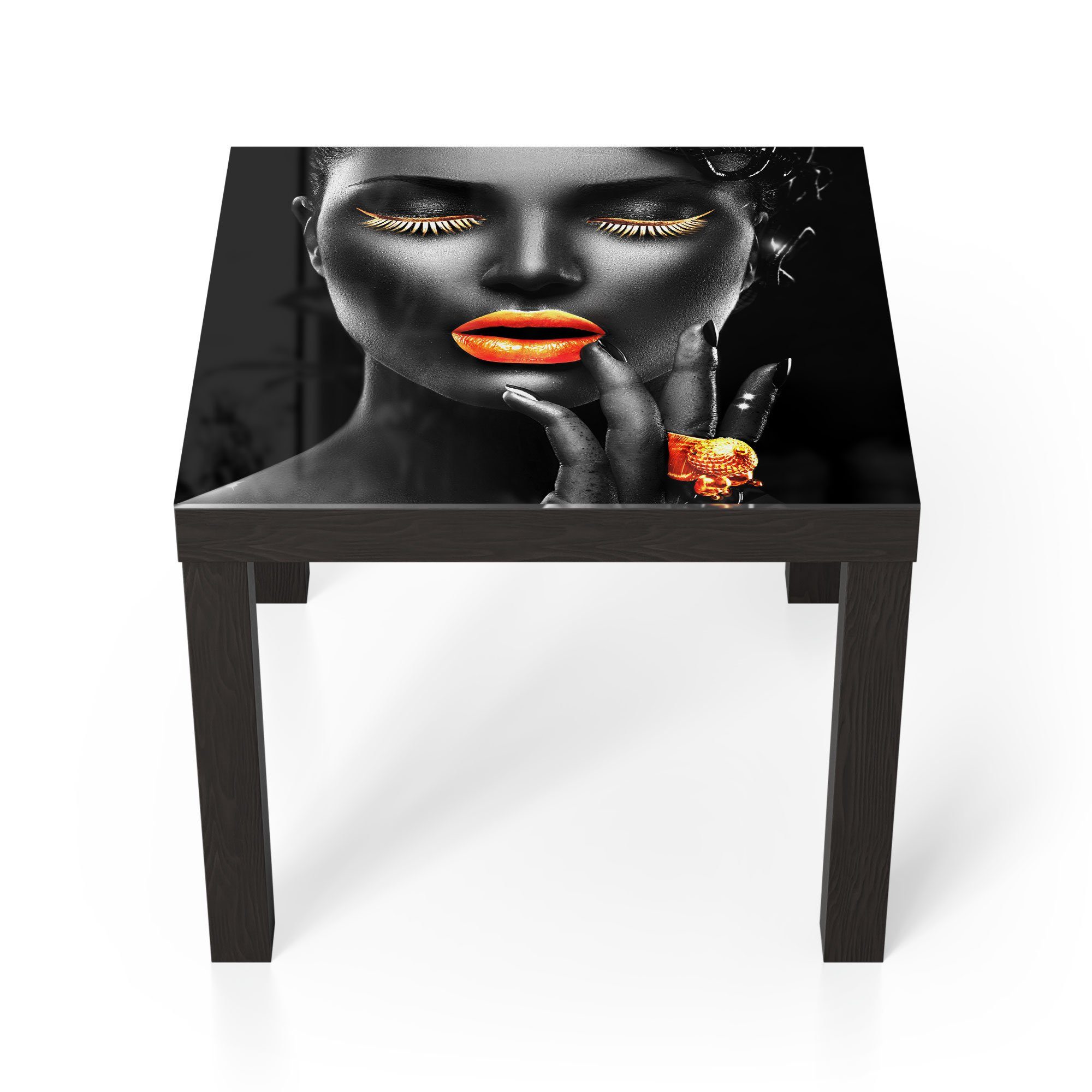 DEQORI Couchtisch 'Frau mit Gold Make-Up', Glas Beistelltisch Glastisch modern Schwarz