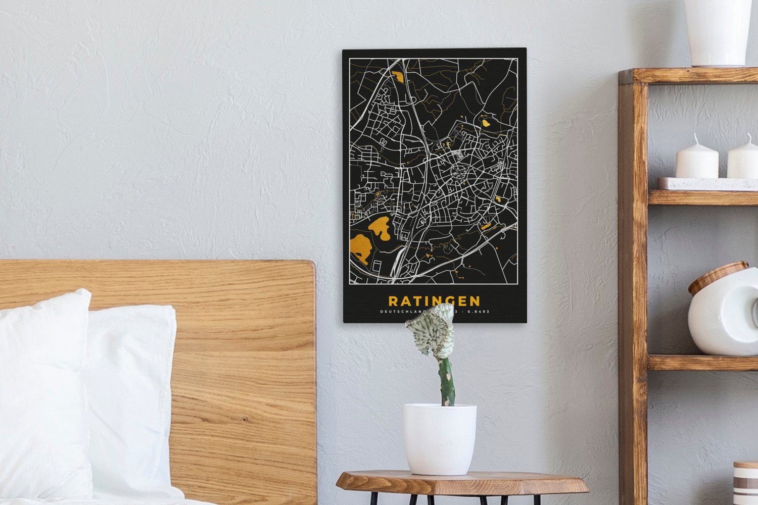 Leinwandbild Schwarz Zackenaufhänger, Karte, bespannt Gold OneMillionCanvasses® - Stadtplan cm Ratingen 20x30 - (1 Deutschland und - St), inkl. - Gemälde, fertig Leinwandbild