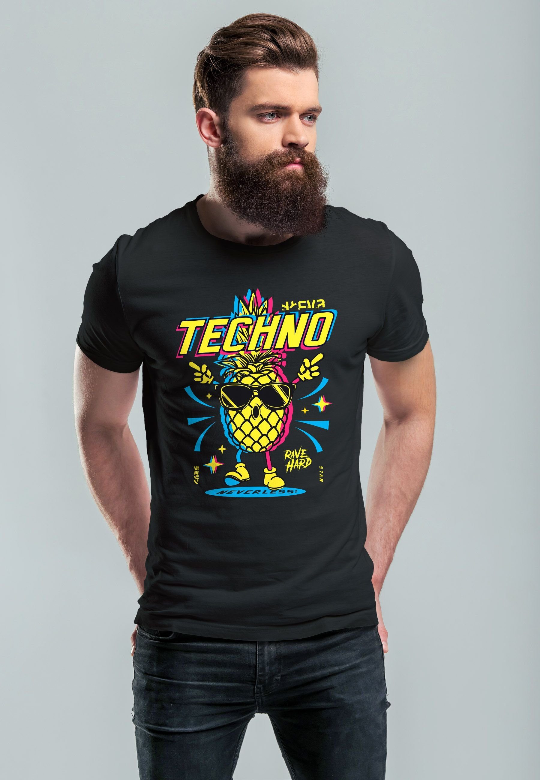 mit T-Shirt Printshirt Tanzen Herren Neverless Party Print schwarz Rave Techno Ananas Shirt Print-Shirt Lustig