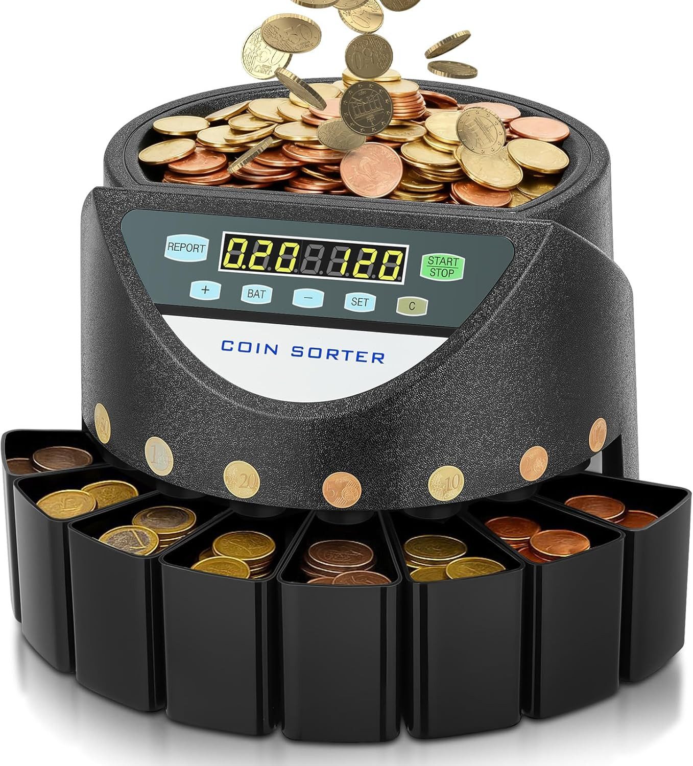 FOHERE Spardose Münzzähler Sortierer, Geldzählmaschine Münzen Sortierer 800 Kapazität, (1-tlg), mit 7-stellige LED-Anzeige und großer Kapazität