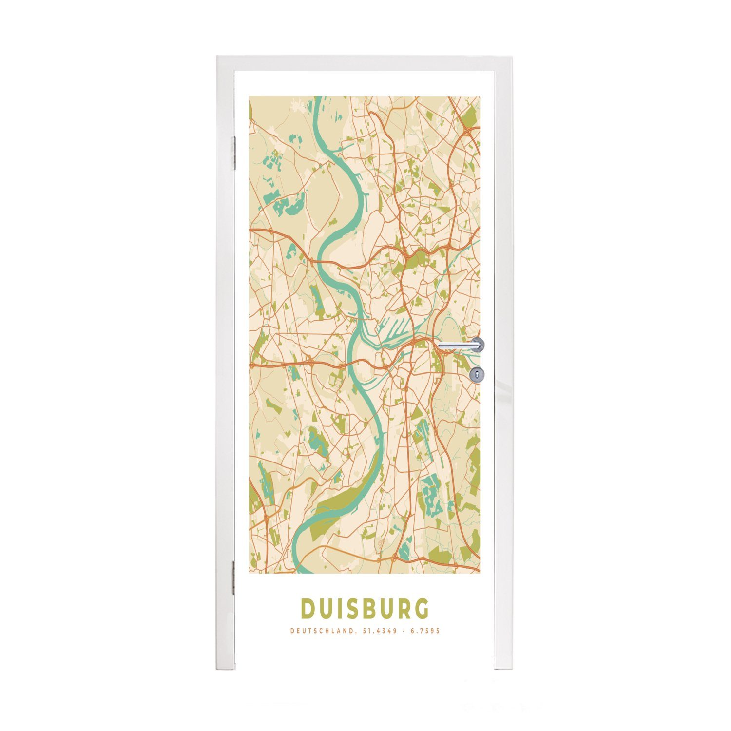 MuchoWow Türtapete Jahrgang - Karte - Duisburg - Stadtplan, Matt, bedruckt, (1 St), Fototapete für Tür, Türaufkleber, 75x205 cm