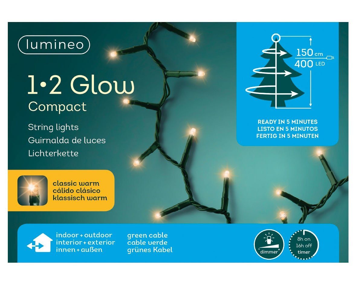 Lumineo LED-Lichterkette Lumineo Lichterkette 1-2 Glow Compact 400 LED 1,5 m klassisch warm, 8h-Timer, dimmbar, Indoor, Outdoor, 5 Stränge