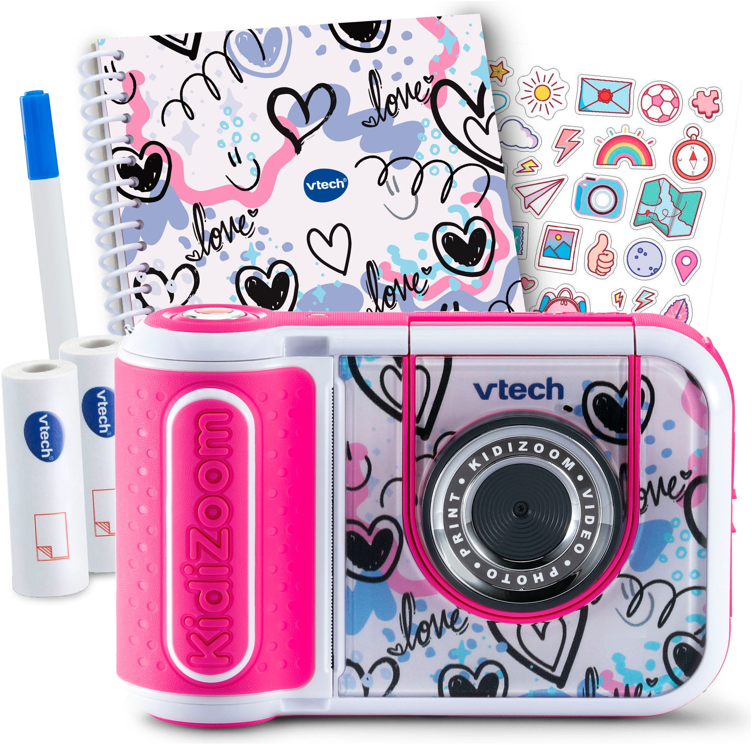 Vtech® KidiZoom Print Cam + Scrapbook Bundle Kinderkamera (5 MP, mit eingebautem Thermodrucker, inkl, Thermopapier, Scrapbook + Stift)
