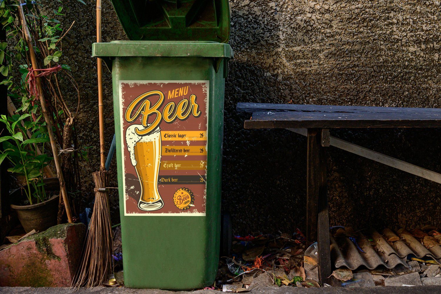 Abfalbehälter Wandsticker Sticker, Mülleimer-aufkleber, - Vintage Mülltonne, (1 Mancave MuchoWow St), - Bier Werbung Container, -