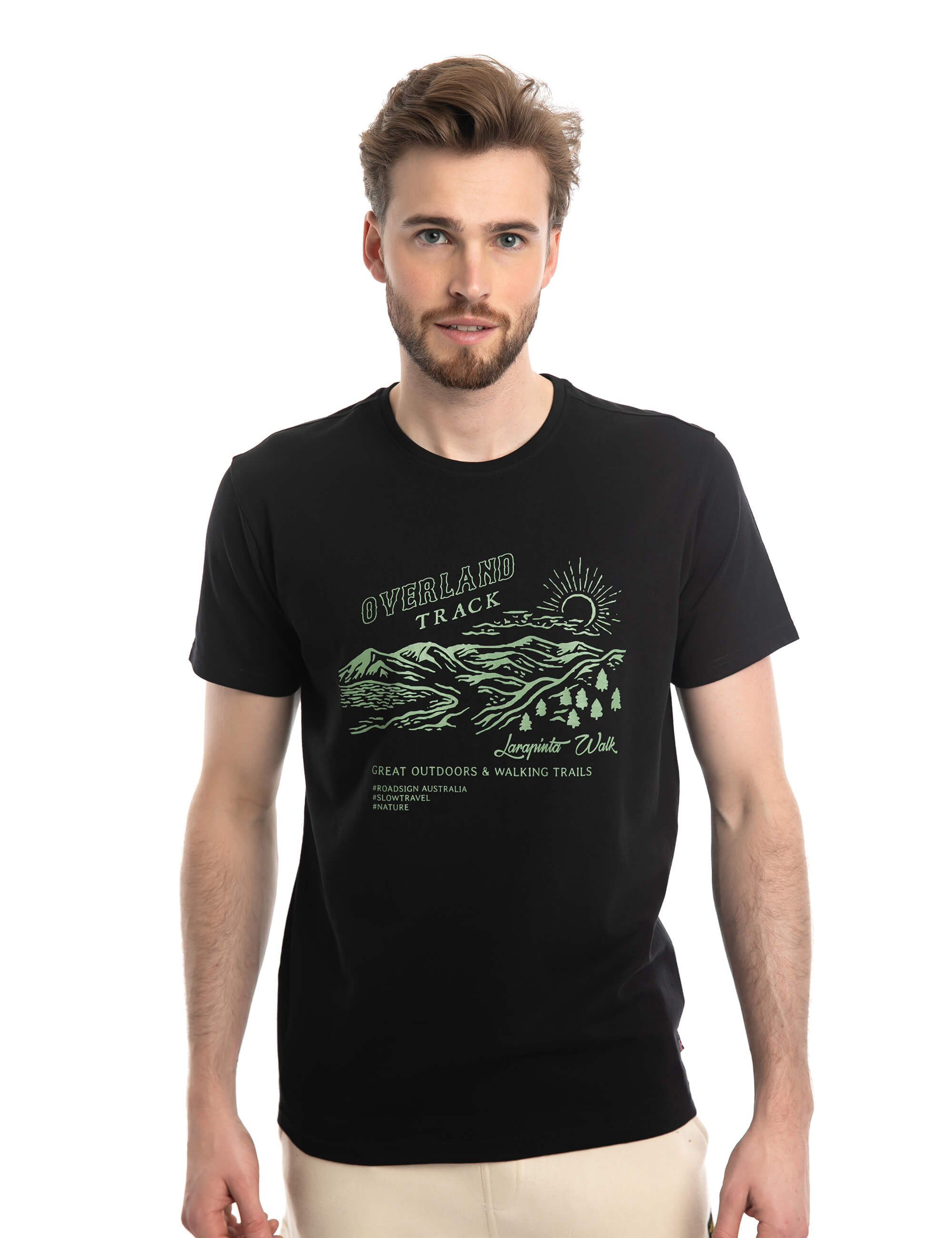 Baumwolle % Print, (1-tlg) Bio- australia T-Shirt & Overland Rundhalsausschnitt ROADSIGN 100 mit track Schwarz