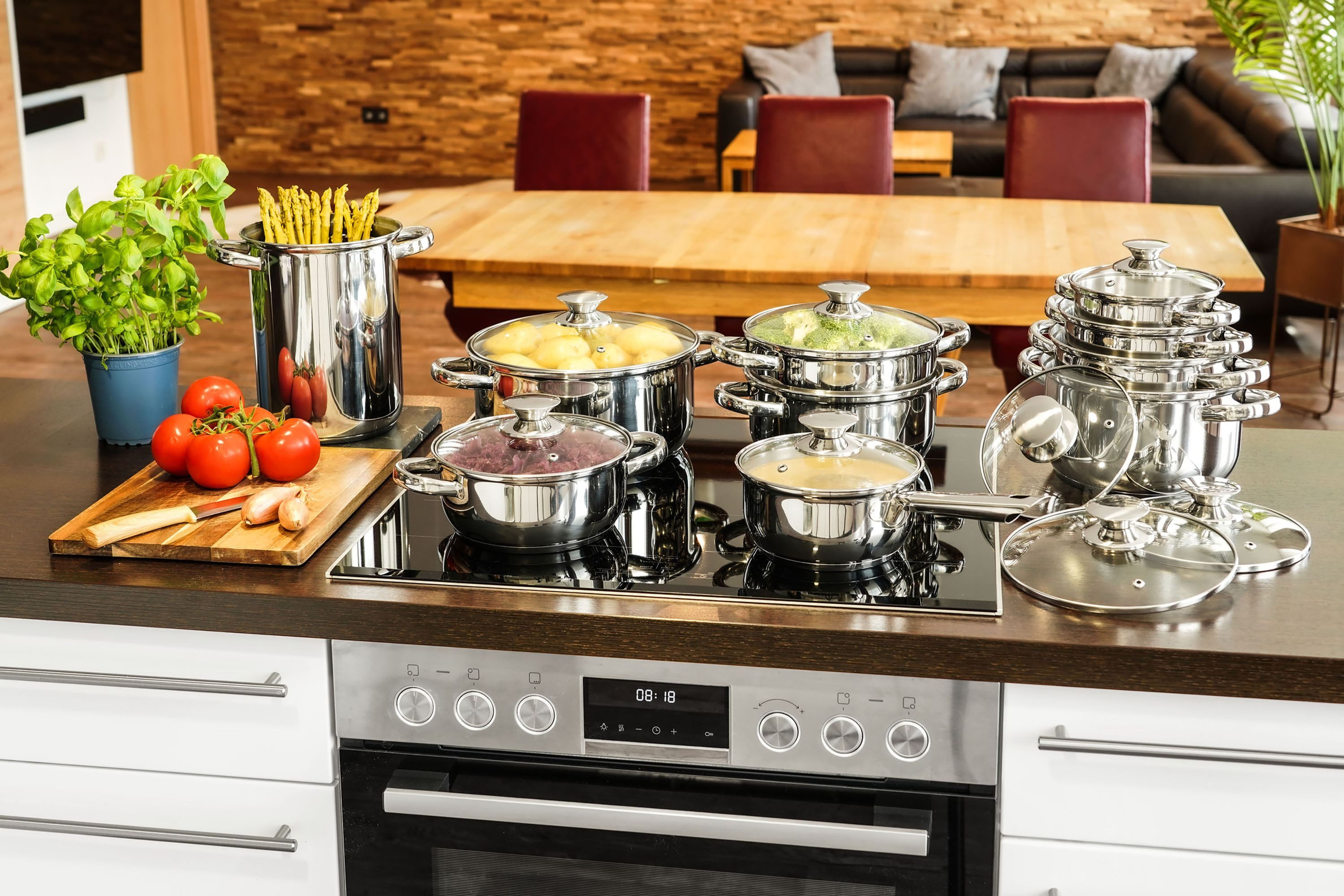 Kopf Topf-Set Janina, Edelstahl (19-tlg), inkl. 8 Glasdeckel, Induktion