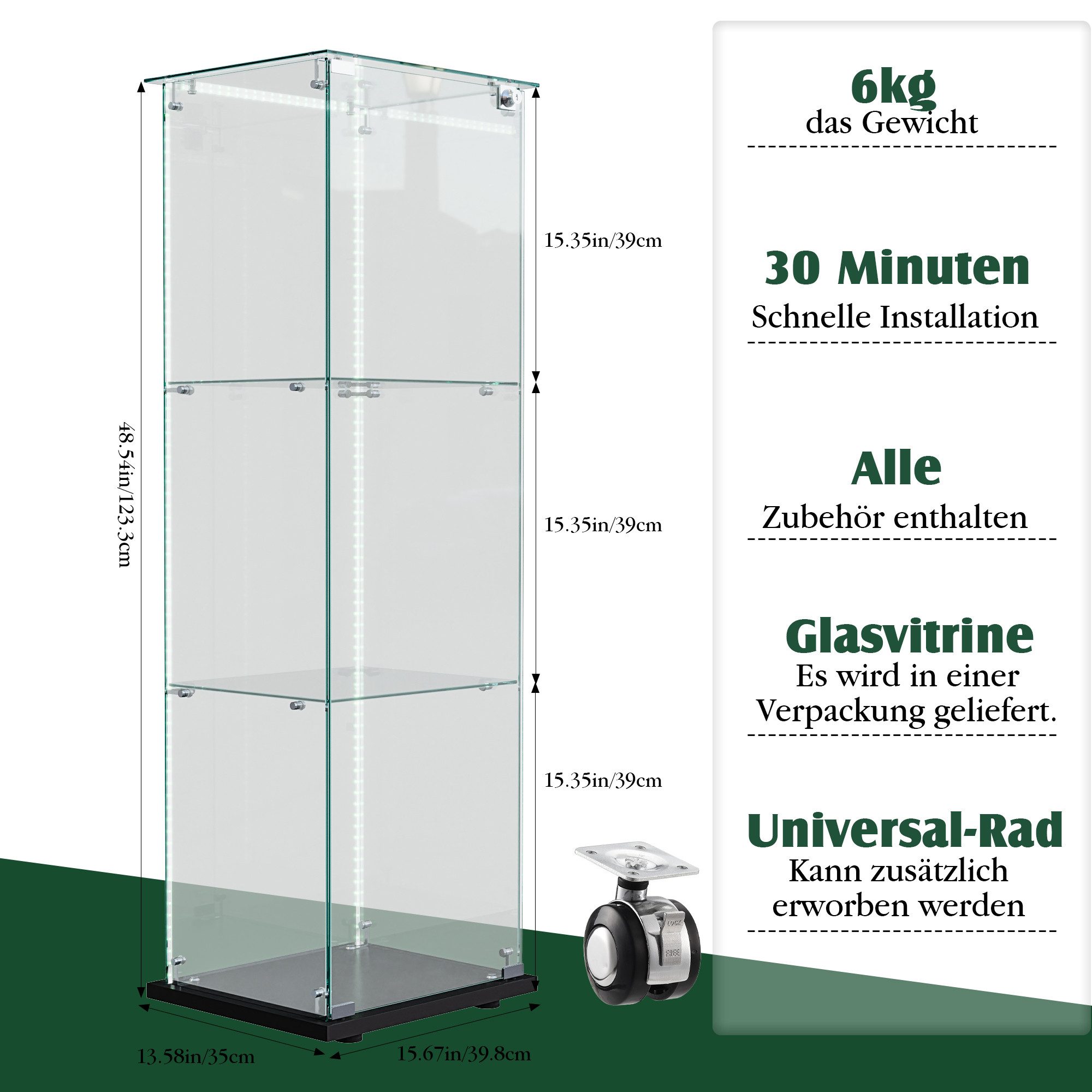 Simurq Glasvitrine Standvitrinen mit LED Beleuchtung, 3 Lagen Vitrinenschrank mit Glastür (1-St, Glas Vitrine mit 1 Glastür und 3 Lagen, Glasschrank mit Schloss – Bild 2 von 5