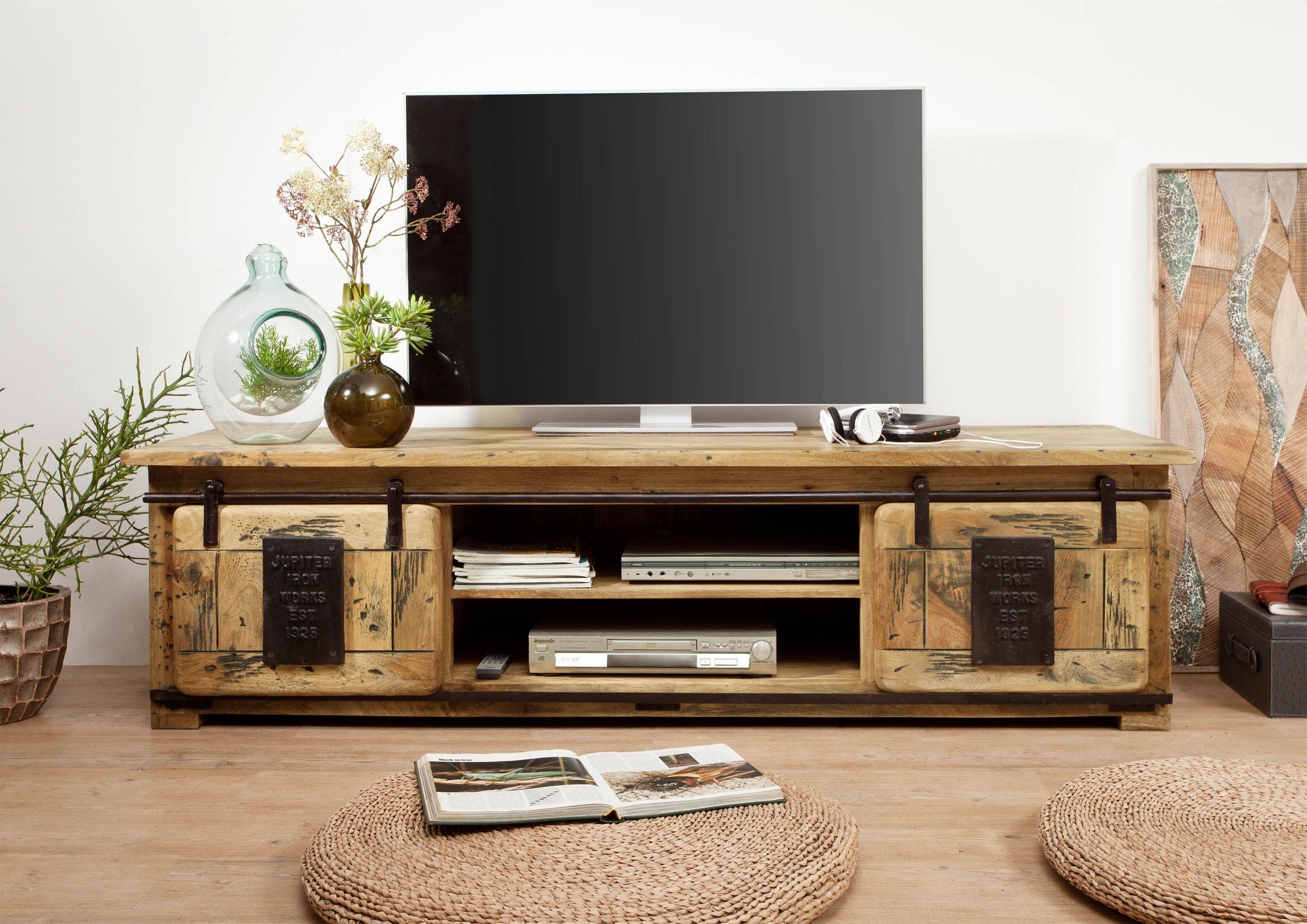 Massivmoebel24 TV-Board RAILWAY (Massivholz), TV-Board Mango 180x55x50 natur lackiert RAILWAY #135