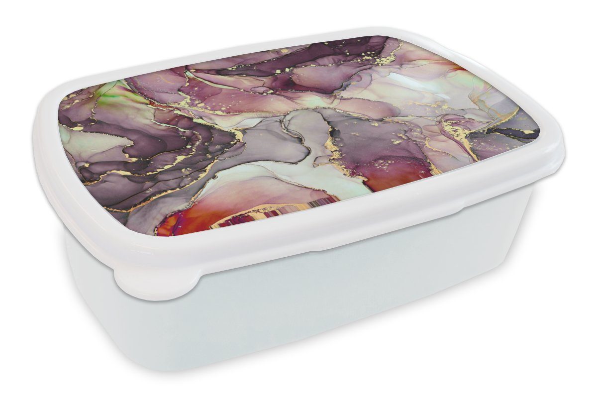 MuchoWow Lunchbox Marmor - Rot - Lila - Gold, Kunststoff, (2-tlg), Brotbox für Kinder und Erwachsene, Brotdose, für Jungs und Mädchen weiß | Lunchboxen