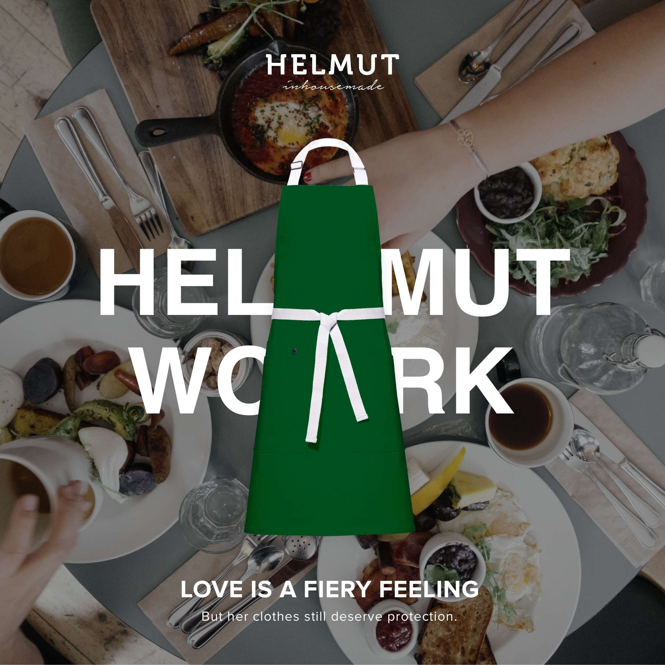 HELMUT Kochschürze HELMUT WORK Küchenschürze Premium Grün 100% Baumwolle vegan, (mit Taschen 60 x 80 cm Profi-Kochschürze für Restaurant Café Gastronomie)