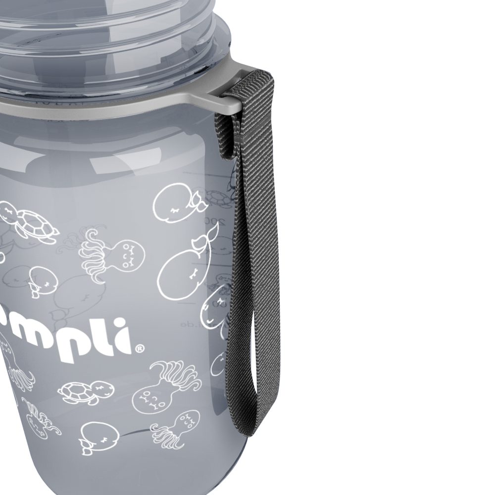 bumpli® Trinkflasche 350ml auslaufsicher, Grau Wasserflasche, Kinder BPA-frei, Fruchtsieb +Strohhalmdeckel, Trinkflasche spülmaschinenfest, Trageschlaufe