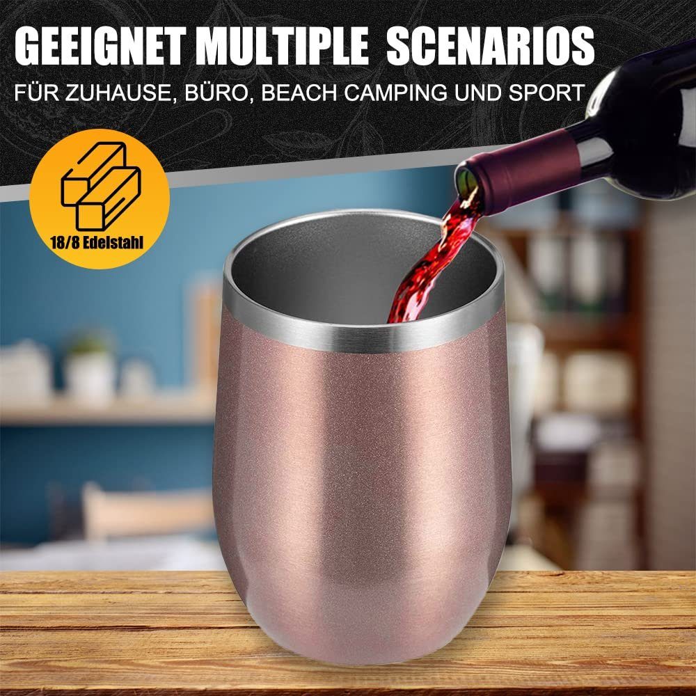 GelldG Becher 2 Stück Strohhalmpinsel mit und Weinbecher Edelstahl, Glas, Deckel Roségold+Roségold