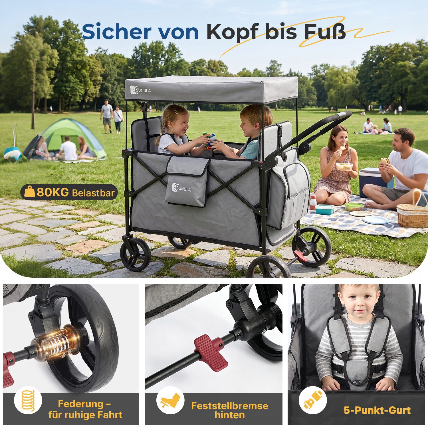 SUNULA Bollerwagen Kinder Bollerwagen für 2 Kinder mit Dach, Schiebe- und Zieh Funktion, Faltbar Kinderwagen mit XXL-Rädern (25/20 cm) und 5-Punkt-Gurtsystem – Bild 4 von 5