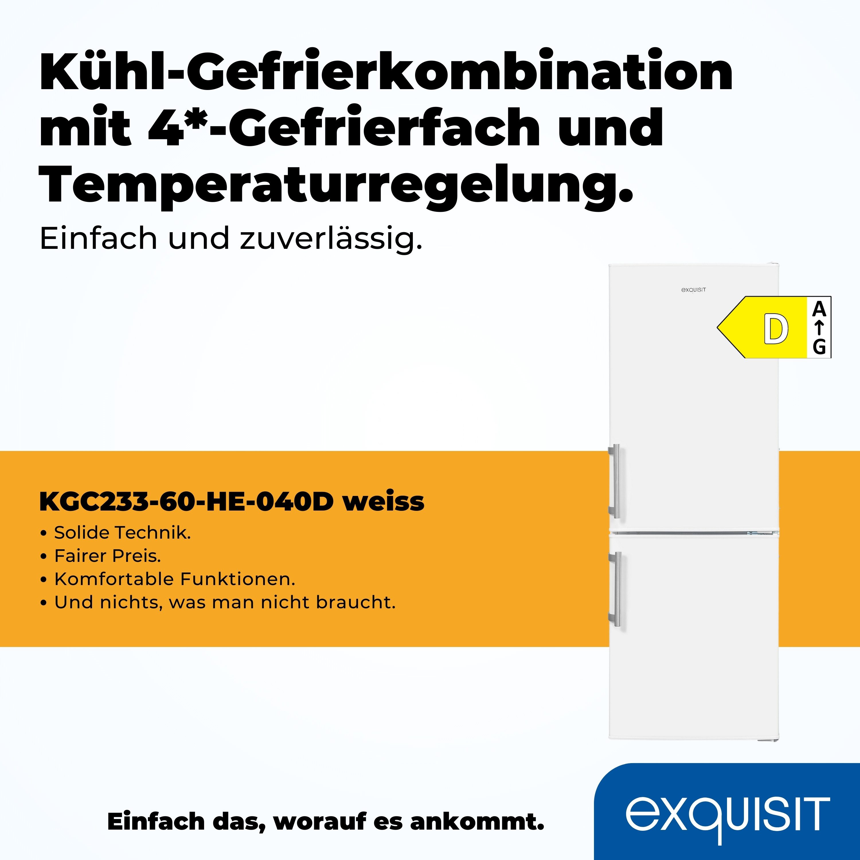 exquisit Kühl-/Gefrierkombination KGC233-60-HE-040D, 142,2 cm hoch, 50 cm breit, Energieeffizienzklasse D, 173 Liter Nutzinhalt, 4 Sterne Gefrieren – Bild 4 von 5