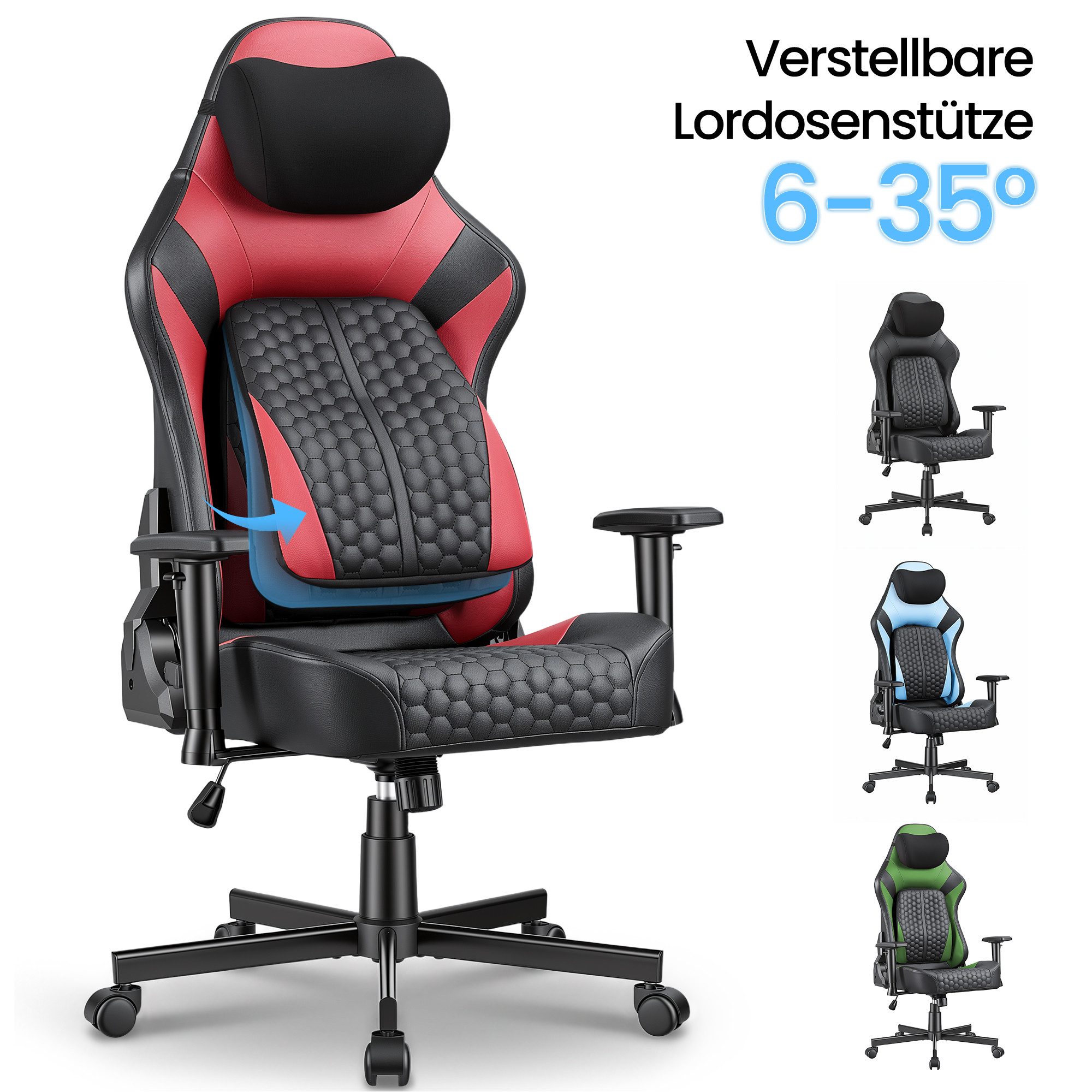 HOMALL Gaming-Stuhl gaming stuhl,mit verstellbarer Lendenstütze 6°-35°, 2D-Armlehnen,Rückenlehne 90°-135° verstellbar,150kg Belastbarkeit