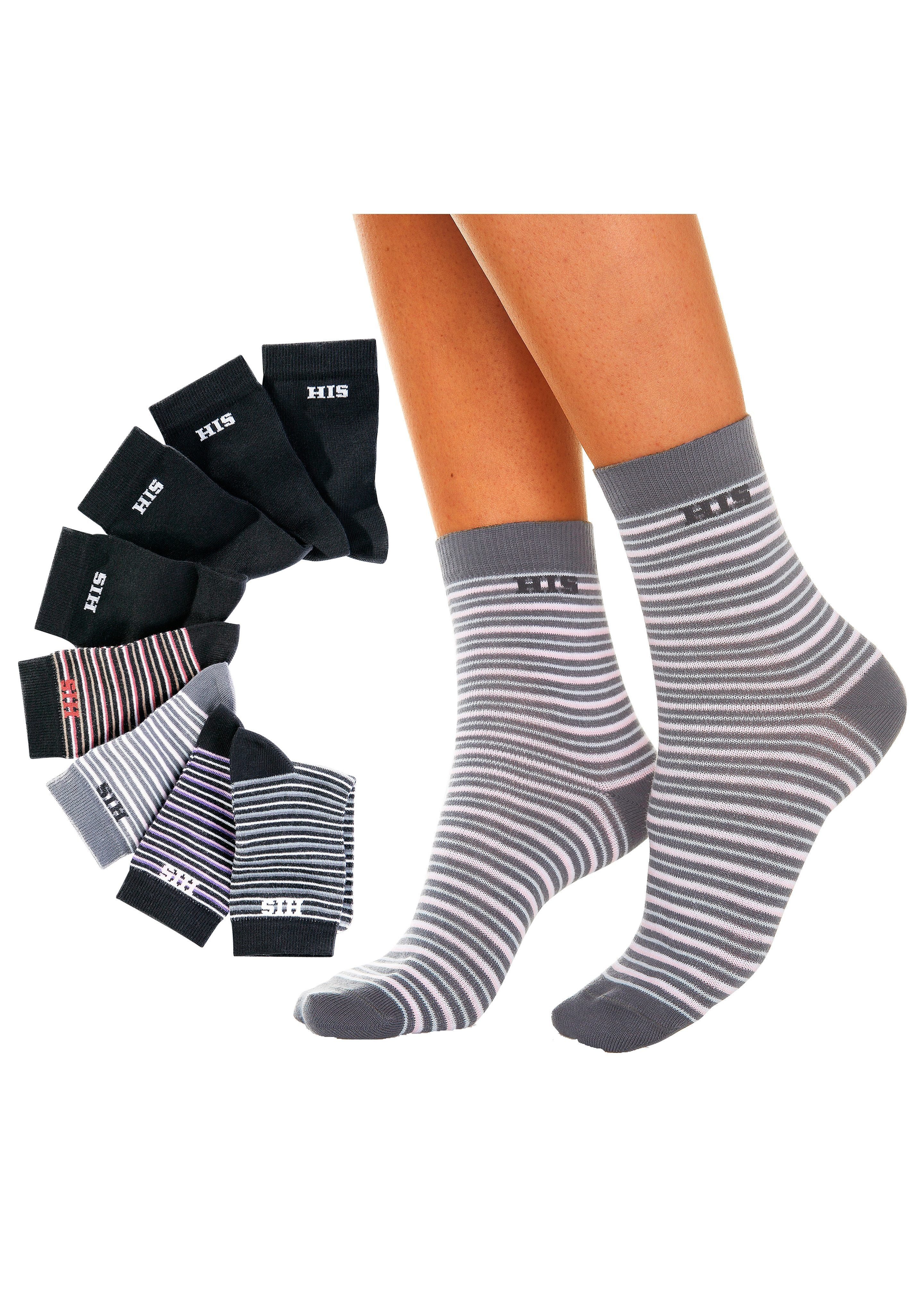 (Set, H.I.S schwarz-bunt geringelt und unifarben 8-Paar) Socken