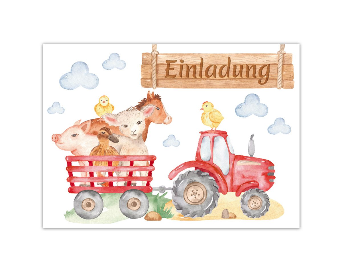JUNAPACK Einladungskarten Bauernhof Party Einladungen zum Kindergeburtstag Traktor Karten, Einladungskarten mit Bauernhof Motiv für Kinder