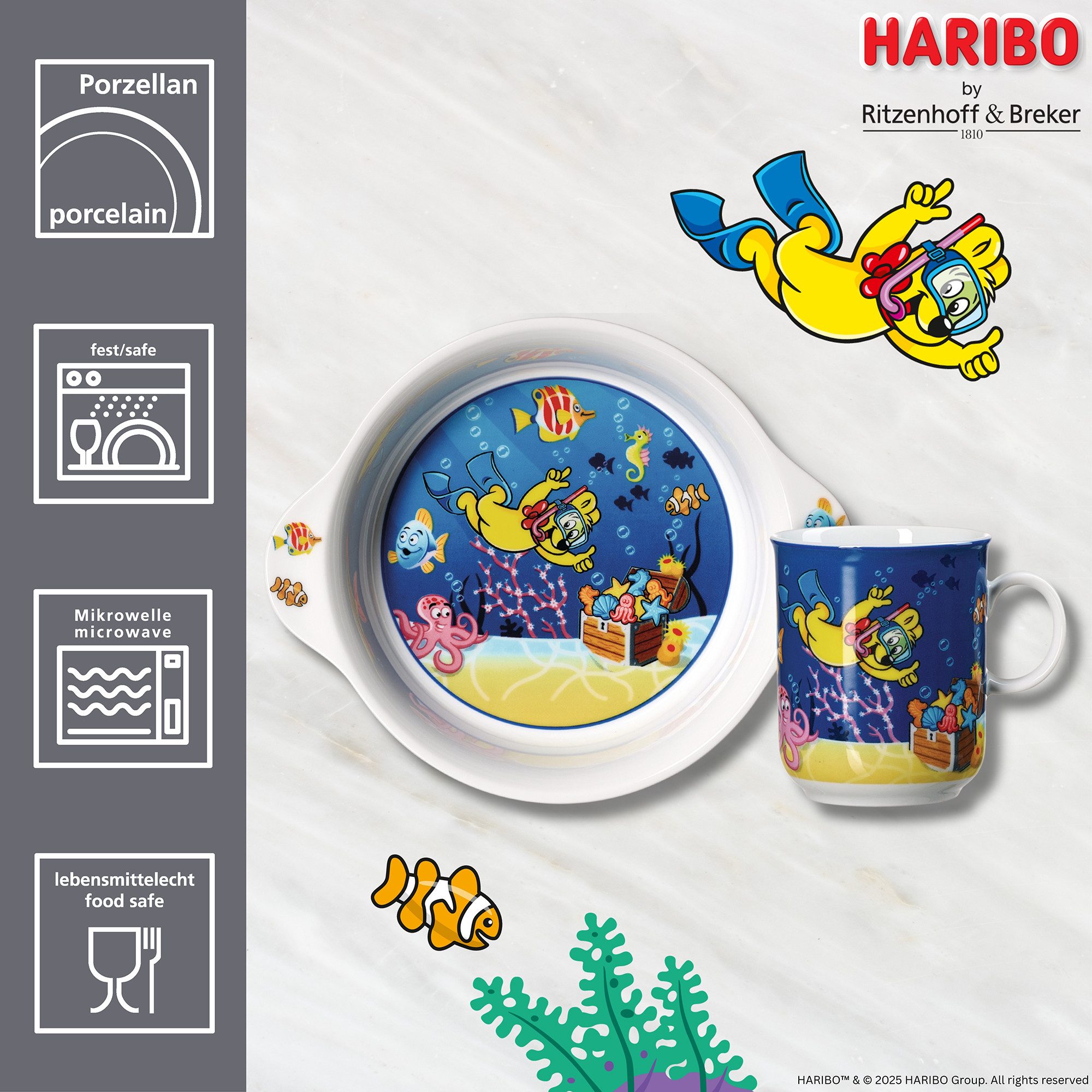 Ritzenhoff & Breker Kindergeschirr-Set HARIBO Seaworld, 2-teilig (2-tlg), 1 Personen, Porzellan, spülmaschinenfest