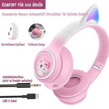 Gontence Katzenohren-Kopfhörer für Mädchen Kinder-Kopfhörer Kinder-Kopfhörer (Drahtloses Bluetooth, Farbige LEDs, eingebautes Mikrofon, FM, Kopfhörer)