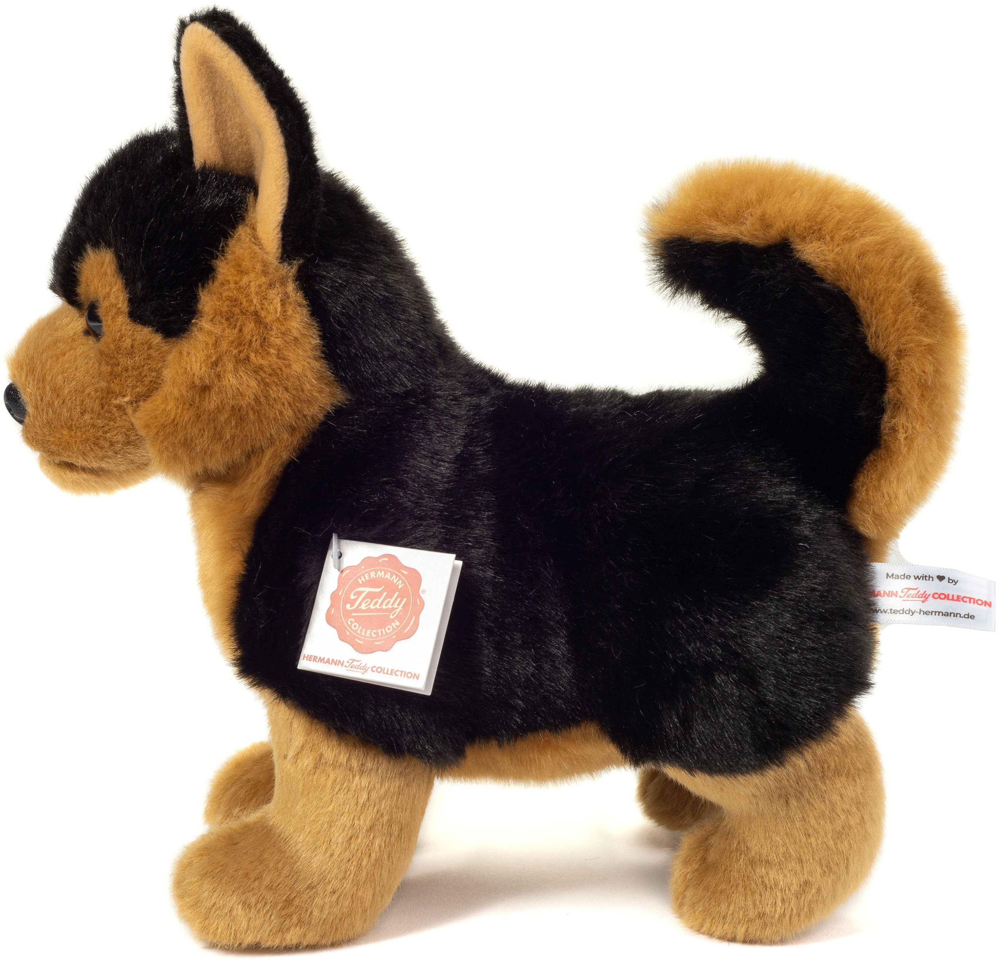 Teddy Hermann® Kuscheltier Schäferhund stehend schwarz/braun, 23 cm, zum Teil aus recyceltem Material