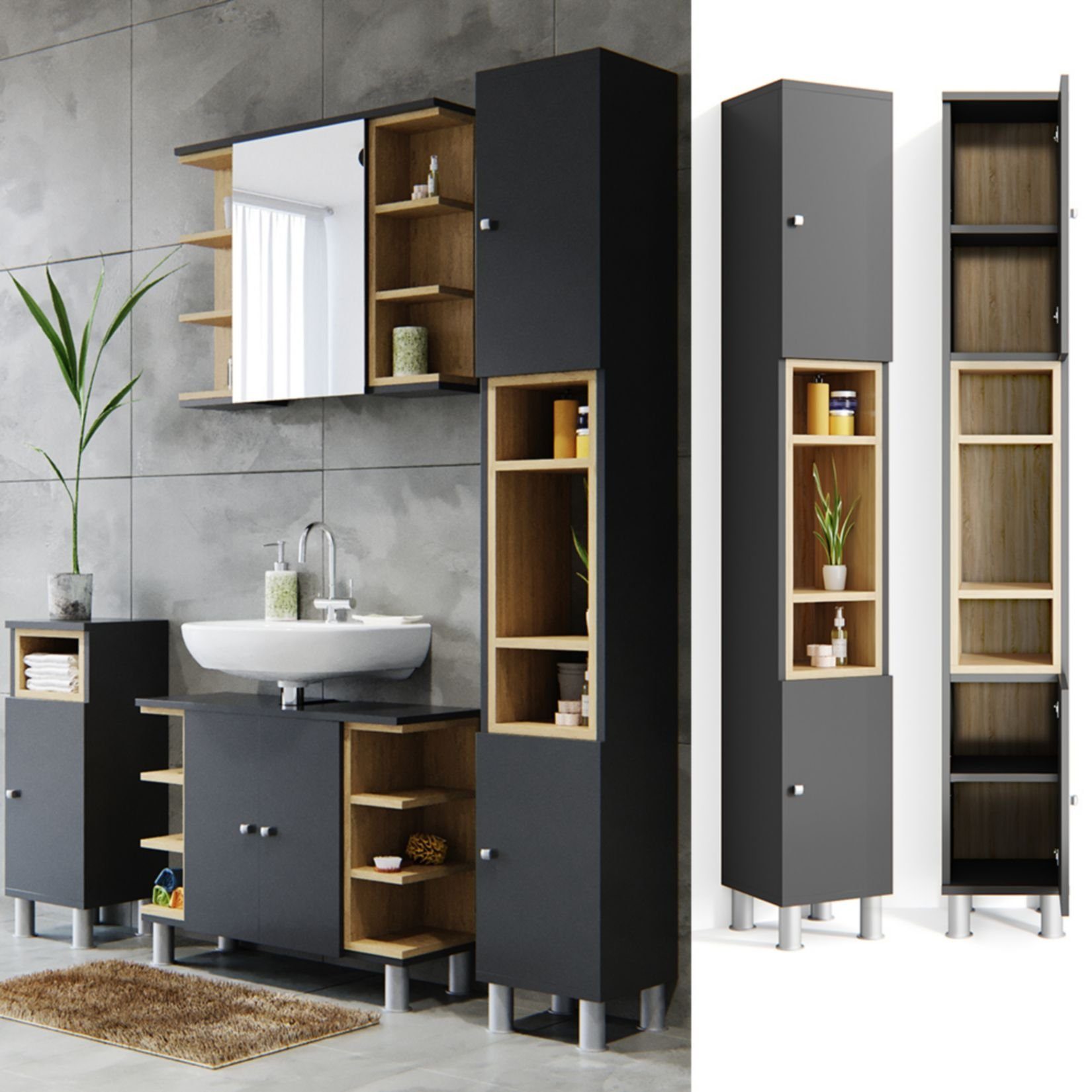 vicco hochschrank »badschrank aquis badezimmerschrank bad schrank eiche  anthrazit« online kaufen | otto