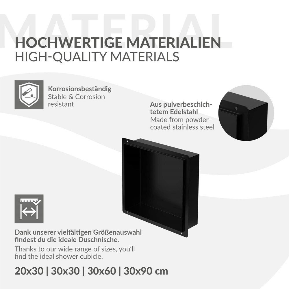 LuxeBath Duschwand Wandnische aus Edelstahl Flexibler Einbau für Badezimmer Randlos, Duschnische Schwarz 30x30x10cm Einzelregal Randlos Befliesbare Nische – Bild 5 von 5