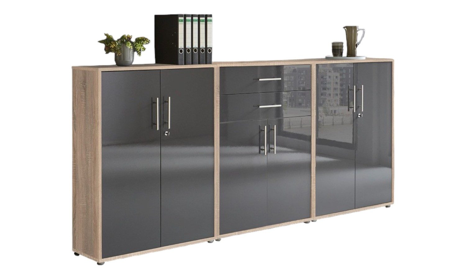 BMG Möbel Aktenschrank Office Edition (Set 15, Büroschrank abschließbar mit Metallgriffen, 2x abschließbarer Aktenschrank, 1x Schubkastenschrank) BxHxT:253,2 x 113,6 x 33 cm, Made in Germany