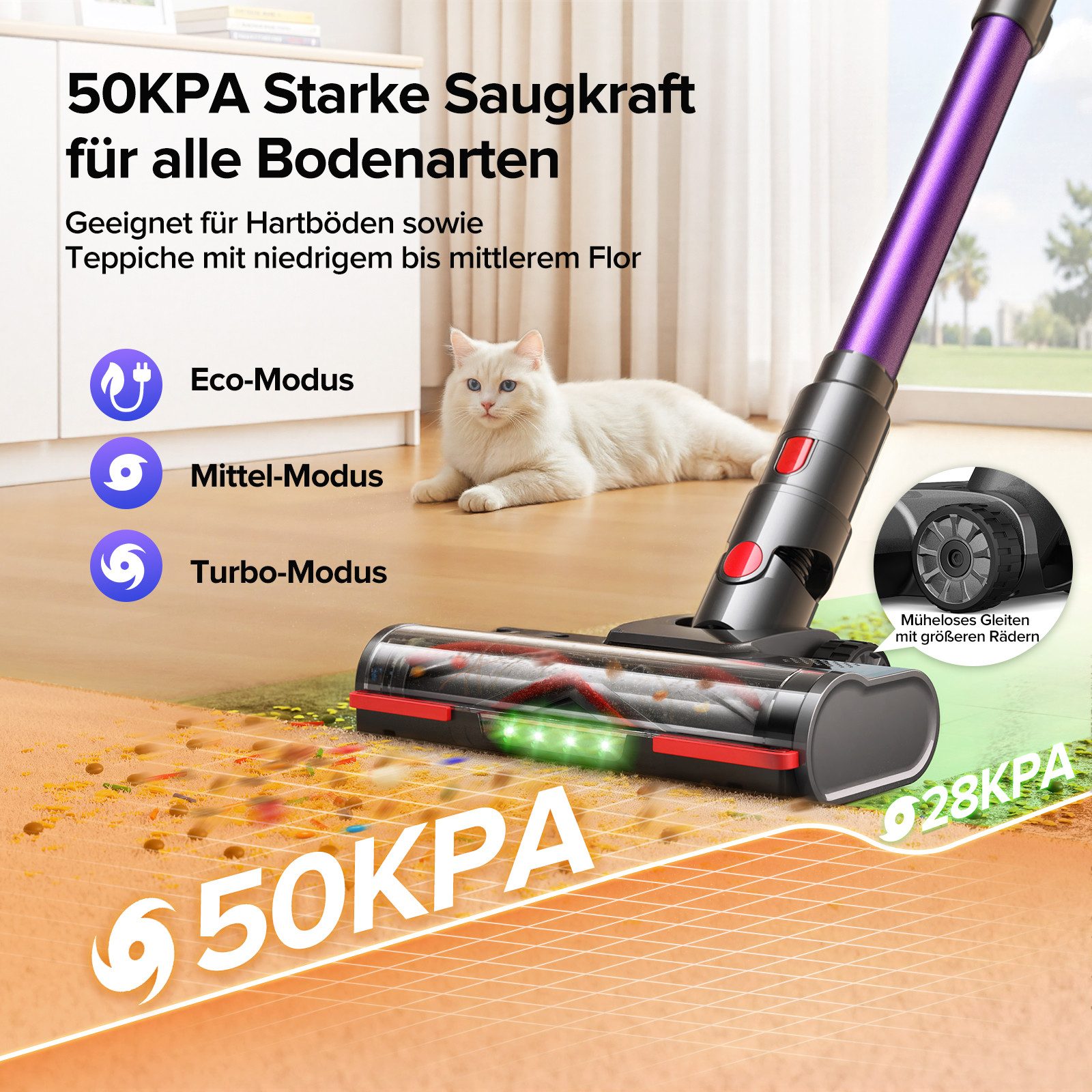 lubluelu Akku-Hand-und Stielstaubsauger Akkustaubsauger Akku Handstaubsauger 50000pa, 550 W, beutellos, LED Green Dusting Beleuchtung / Anti-Verwicklungs-Bürste