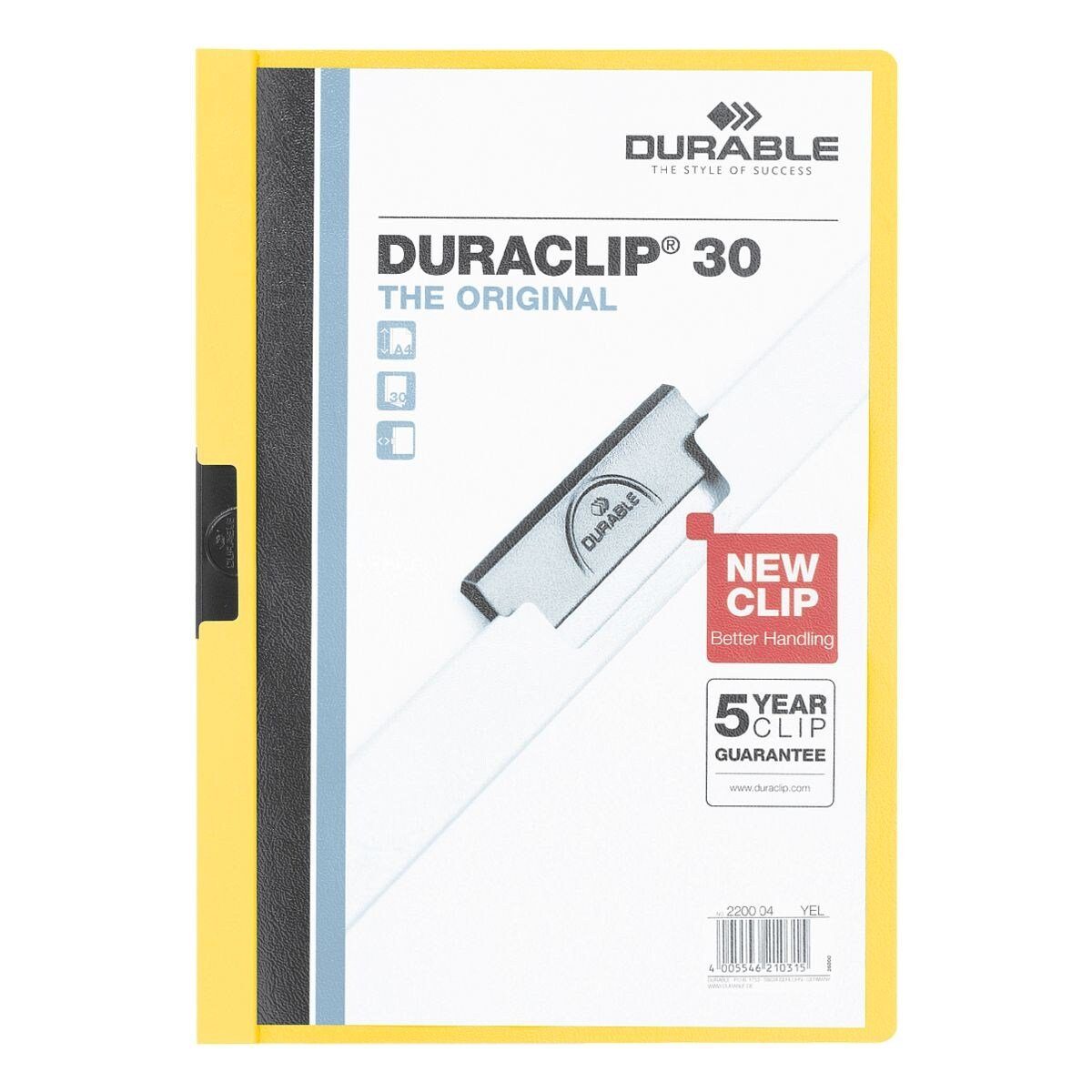 Blatt bis 30 DURABLE Hefter Duraclip A4, mit 30, gelb DIN Format Klemmfunktion,