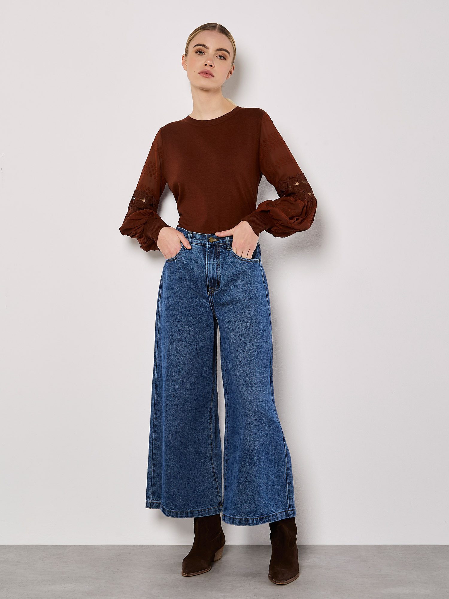 Apricot Strickpullover Langarmshirt mit Spitze günstig online kaufen