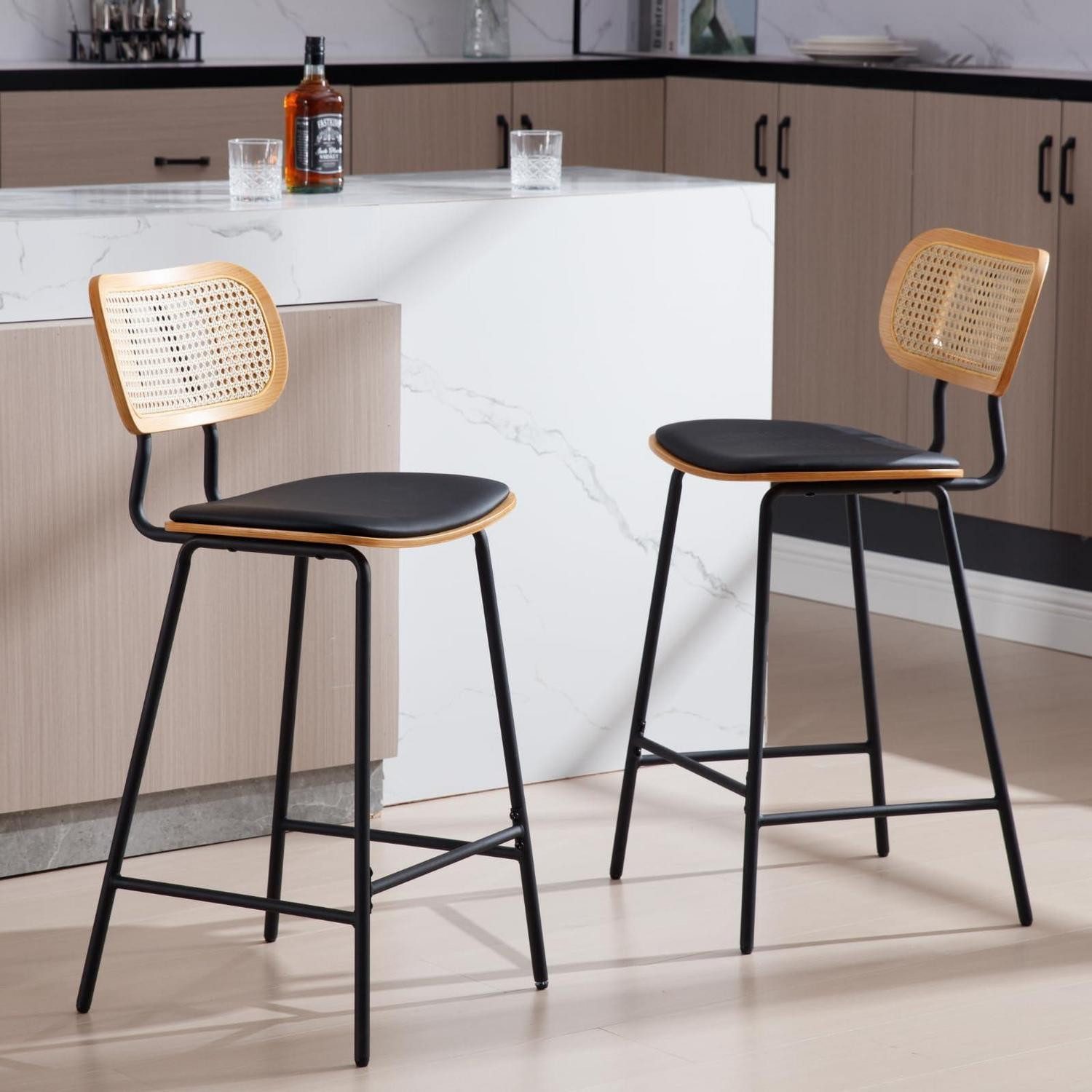 LuxusKollektion Barhocker Barhocker 2er Set Rattan Metallbeine Küchenhocker Schwarz