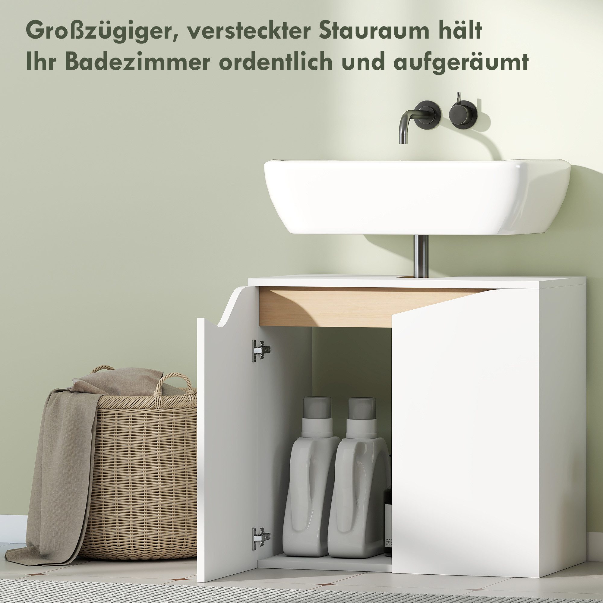 HOMCOM Waschbeckenunterschrank Waschtischunterschrank mit Soft-Close Badezimmerschrank Weiß (Waschtischunterschrank, 1-St., Badezimmer Unterschrank) Mit U-Aussc – Bild 5 von 5
