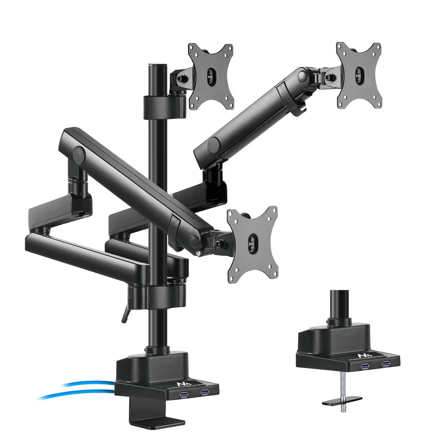 Maclean Monitor-Halterung MC-811 3-fach Monitorhalterung Tisch 17–27 Zoll, (bis 27,00 Zoll, Gasfeder, bis 21 kg, VESA 75x75/100x100, ergonomisch)