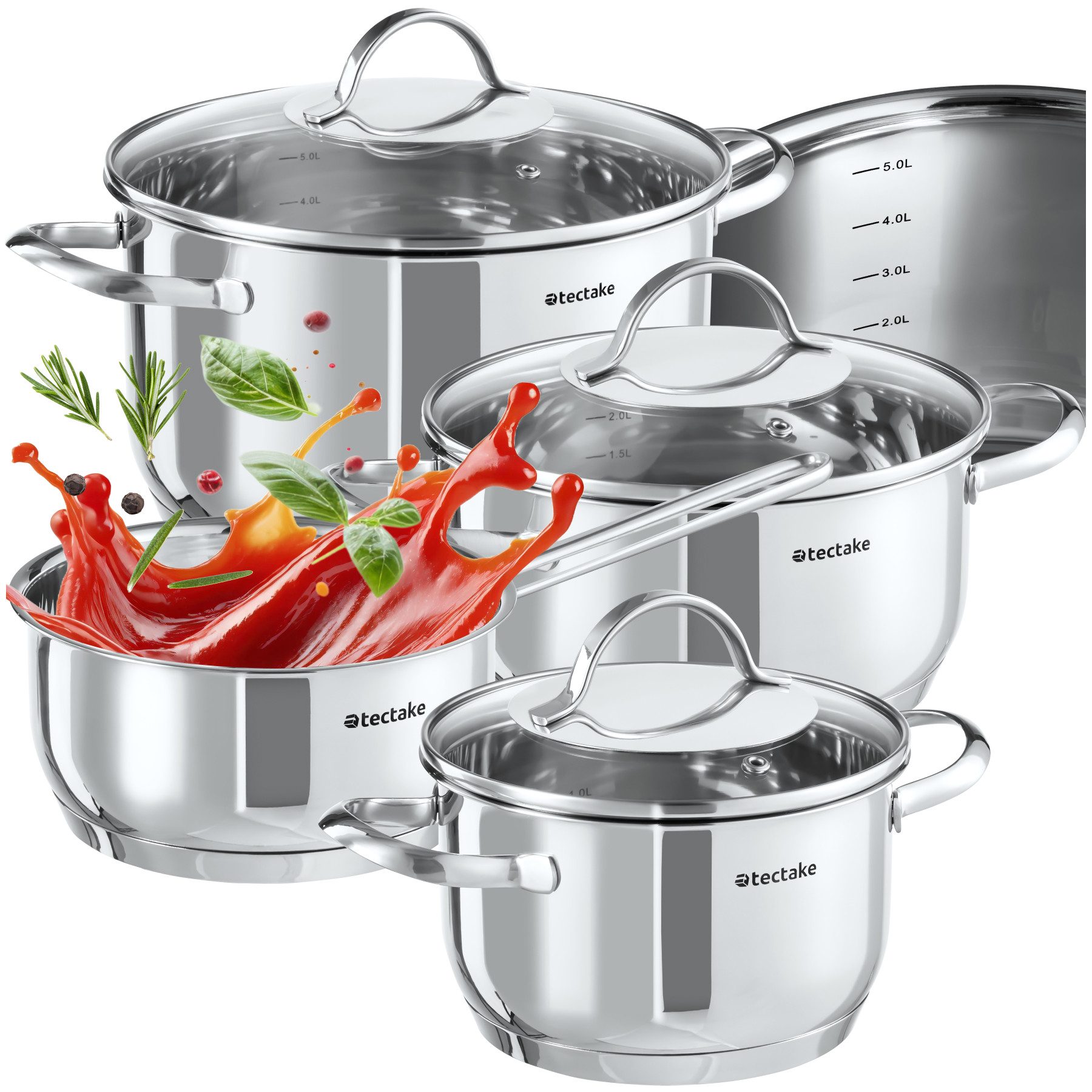 tectake Topf-Set Kochtopfset aus Edelstahl 7-teilig, Messskala in den Töpfen, Edelstahl (Topfset Induktion Bologna, 7-tlg., in silber), für Induktion geeignet, 3 Kochtöpfe mit Deckel, spülmaschinenfest