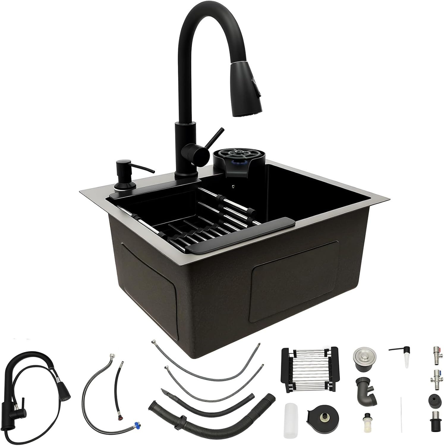 Faizee Home Edelstahlspüle Hydro Schwarz Küchenspül mit oder Ohne Armatur 45x45x21,5 cm