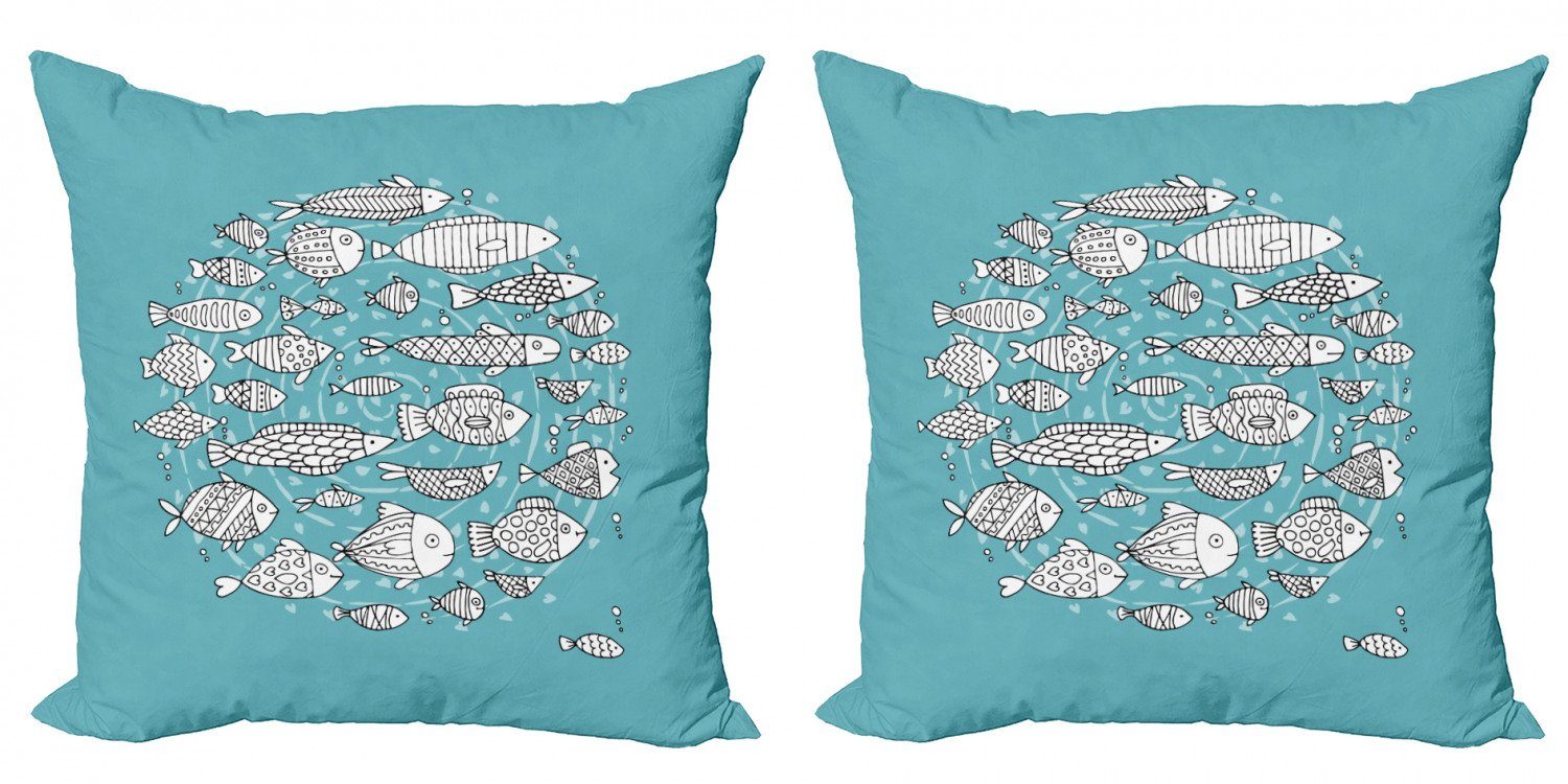 Blau und Digitaldruck, Accent Weiß Stück), Modern Doppelseitiger Doodle Fisch Abakuhaus (2 Kissenbezüge