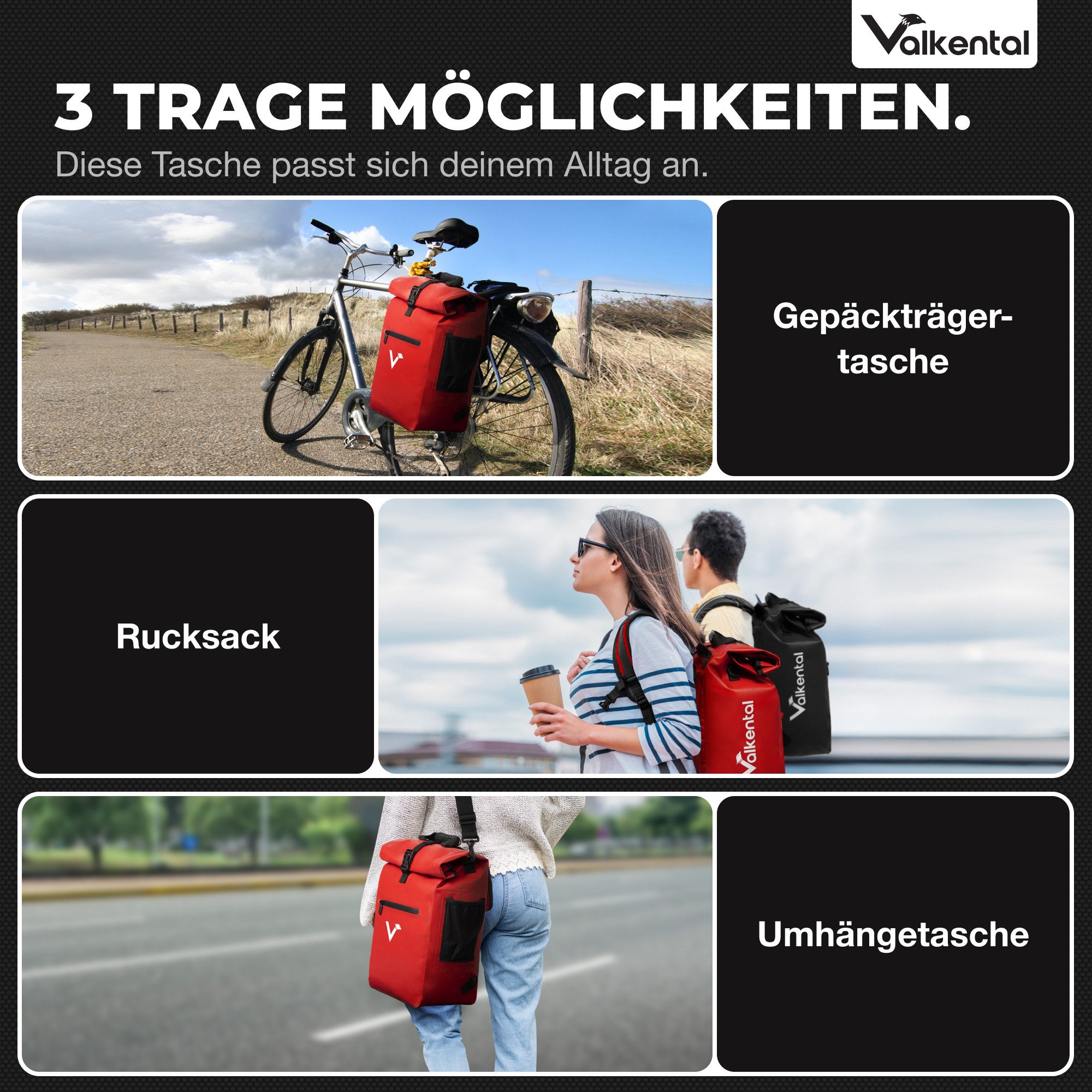 Valkental Fahrradtasche Gepäckträgertasche, Rucksack und Umhängetasche, 3in1 - wasserdicht & reflektierend 25 L