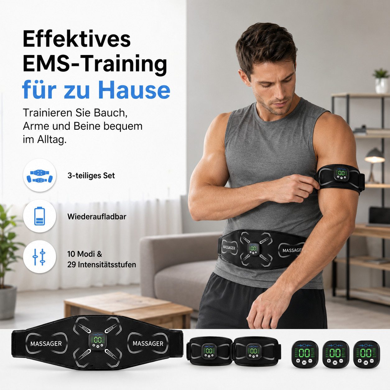 Tekoo EMS-Bauchmuskeltrainer EMS Gürtel Set Muskelstimulator Bauchmuskeltrainer für Bauch & Arme, (Komplettset, 3-teiliges Set), Keine Gel-Pads erforderlich (wasserbefeuchtet)