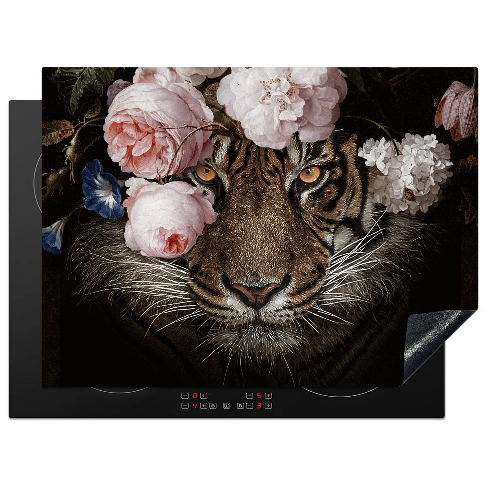71x52 Tiger (1 MuchoWow küche, - für Induktionskochfeld Vinyl, Rosen, die Schutz Blumen Herdblende-/Abdeckplatte - cm, Ceranfeldabdeckung tlg),